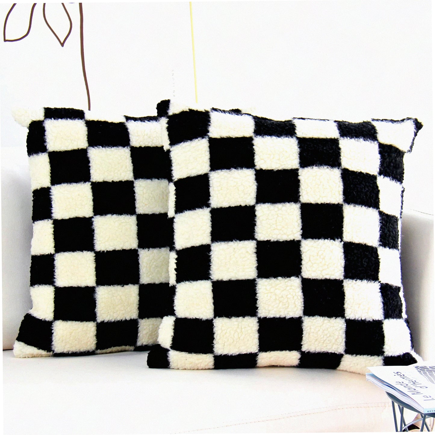 Luxury Checkerboard Wool Pillowcase Set - Super Soft Decorative Cushion Covers for Couch & Bedroom - Pack of 2 Black 22x22 Inch
