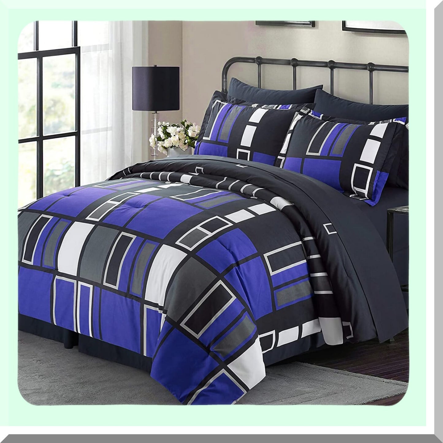 Plaid Dreams 8-Piece Bedding Set - Blue Gray Black Lightweight Microfiber Full/Queen Bed in a Bag - Cozy Comfort for a Stylish Bedroom