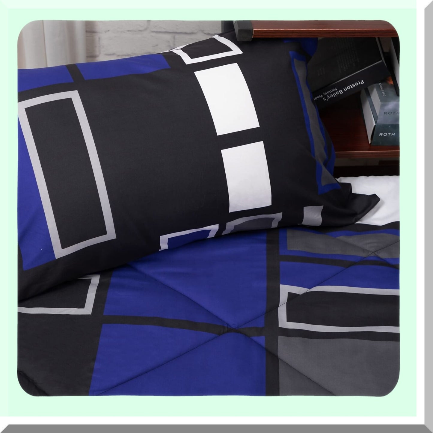 Plaid Dreams 8-Piece Bedding Set - Blue Gray Black Lightweight Microfiber Full/Queen Bed in a Bag - Cozy Comfort for a Stylish Bedroom