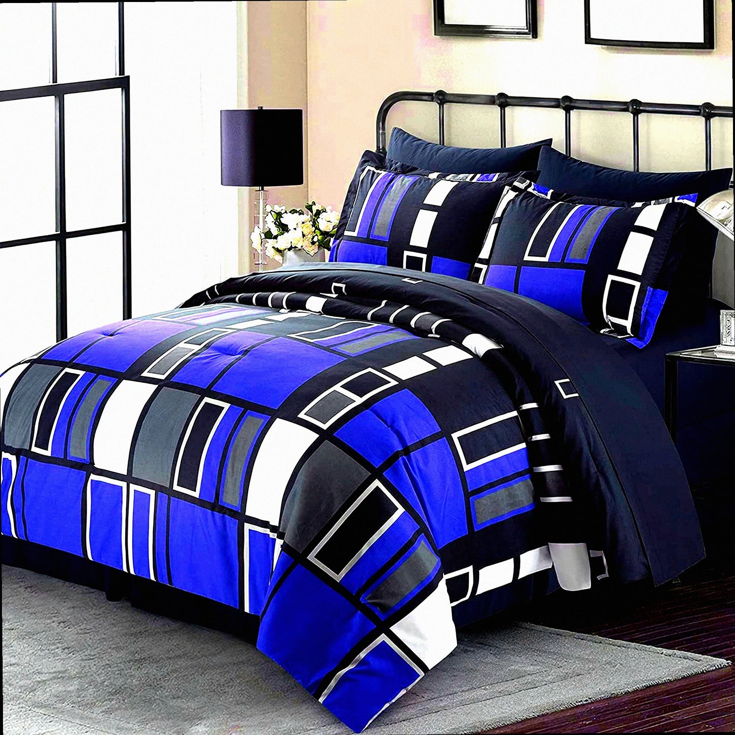 Plaid Dreams 8-Piece Bedding Set - Blue Gray Black Lightweight Microfiber Full/Queen Bed in a Bag - Cozy Comfort for a Stylish Bedroom
