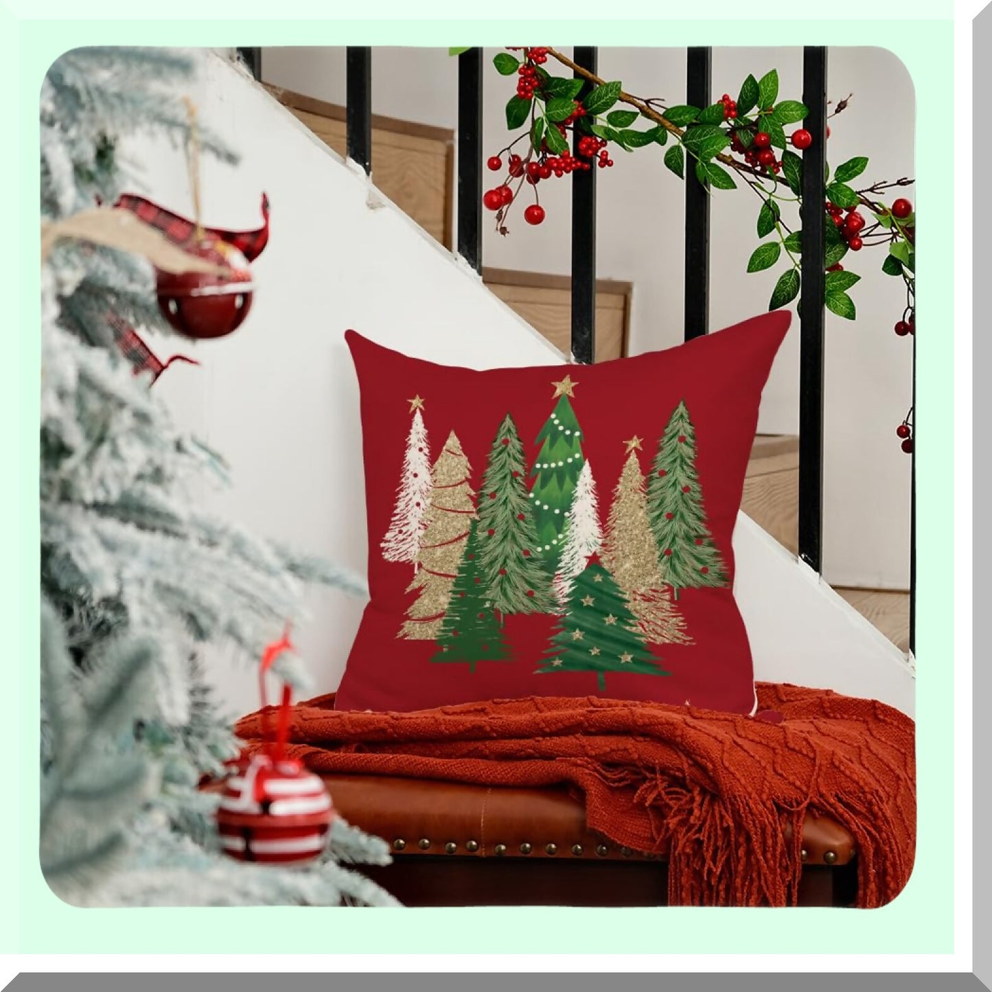 Winter Wonderland Tree Stars Pillow Cover - Colorful Holiday Farmhouse Decor for Home Sofa Couch - Red 18X18 Square Pillow Case