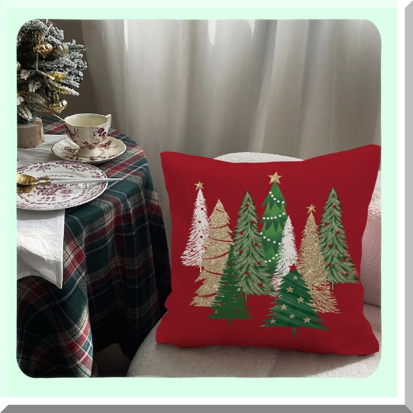 Winter Wonderland Tree Stars Pillow Cover - Colorful Holiday Farmhouse Decor for Home Sofa Couch - Red 18X18 Square Pillow Case