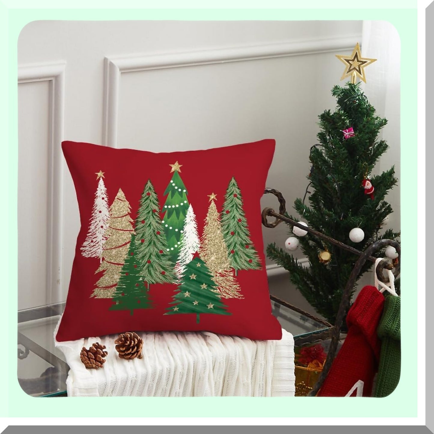 Winter Wonderland Tree Stars Pillow Cover - Colorful Holiday Farmhouse Decor for Home Sofa Couch - Red 18X18 Square Pillow Case