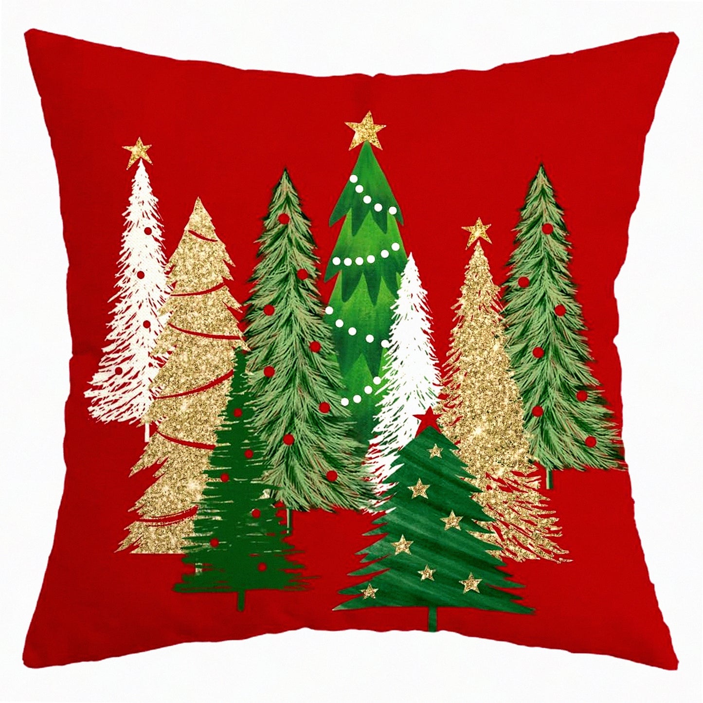 Winter Wonderland Tree Stars Pillow Cover - Colorful Holiday Farmhouse Decor for Home Sofa Couch - Red 18X18 Square Pillow Case