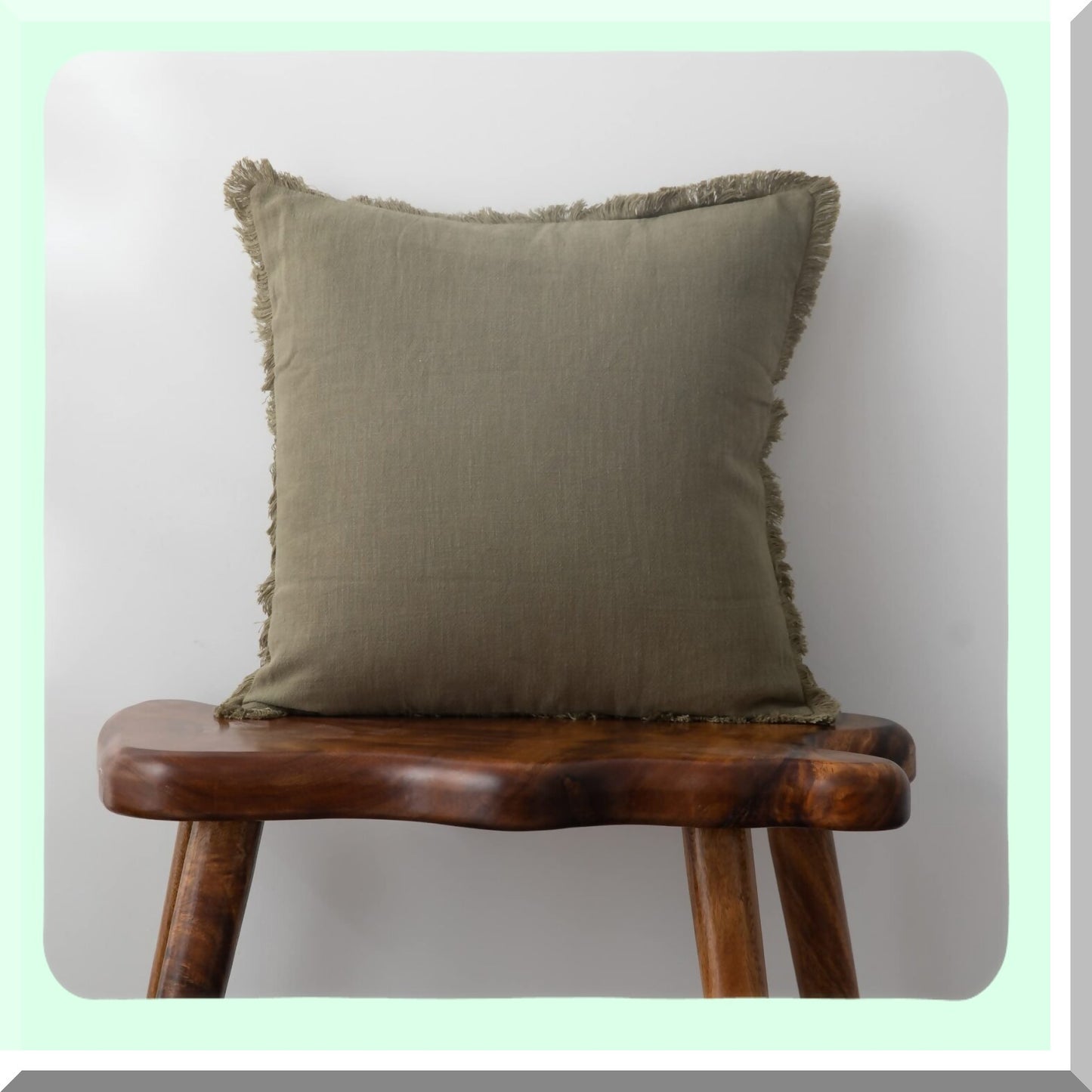 Fringe Boho Linen Pillow Cover - Soft Cozy Farmhouse Cushion with Tassels for Couch Sofa, Natural Decor Burlap Pillowcase in Green 18x18"