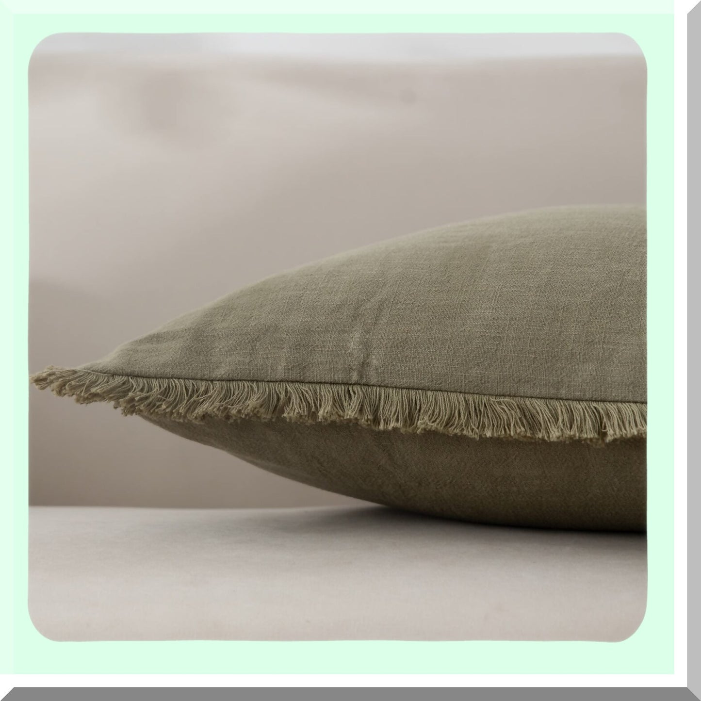Fringe Boho Linen Pillow Cover - Soft Cozy Farmhouse Cushion with Tassels for Couch Sofa, Natural Decor Burlap Pillowcase in Green 18x18"