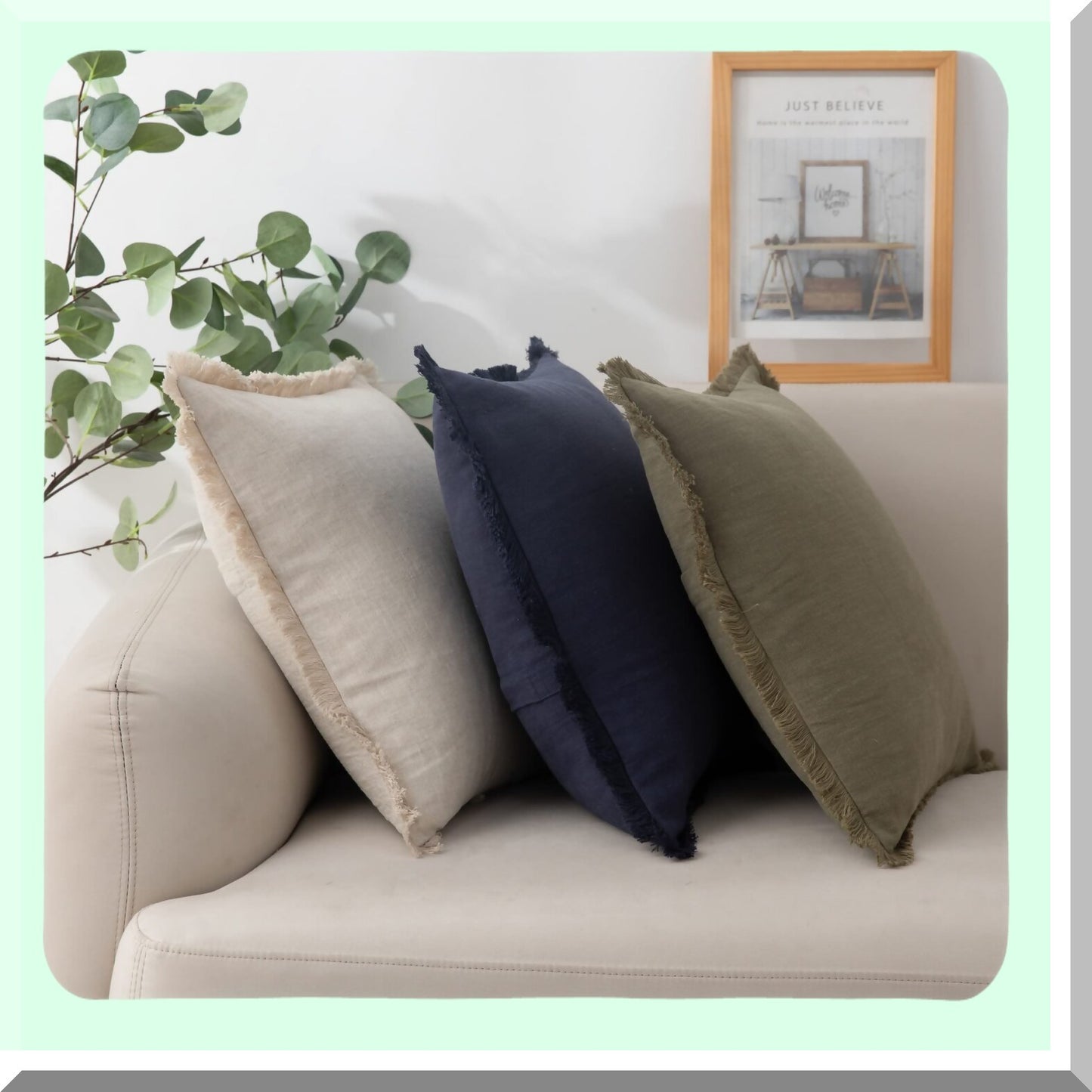 Fringe Boho Linen Pillow Cover - Soft Cozy Farmhouse Cushion with Tassels for Couch Sofa, Natural Decor Burlap Pillowcase in Green 18x18"