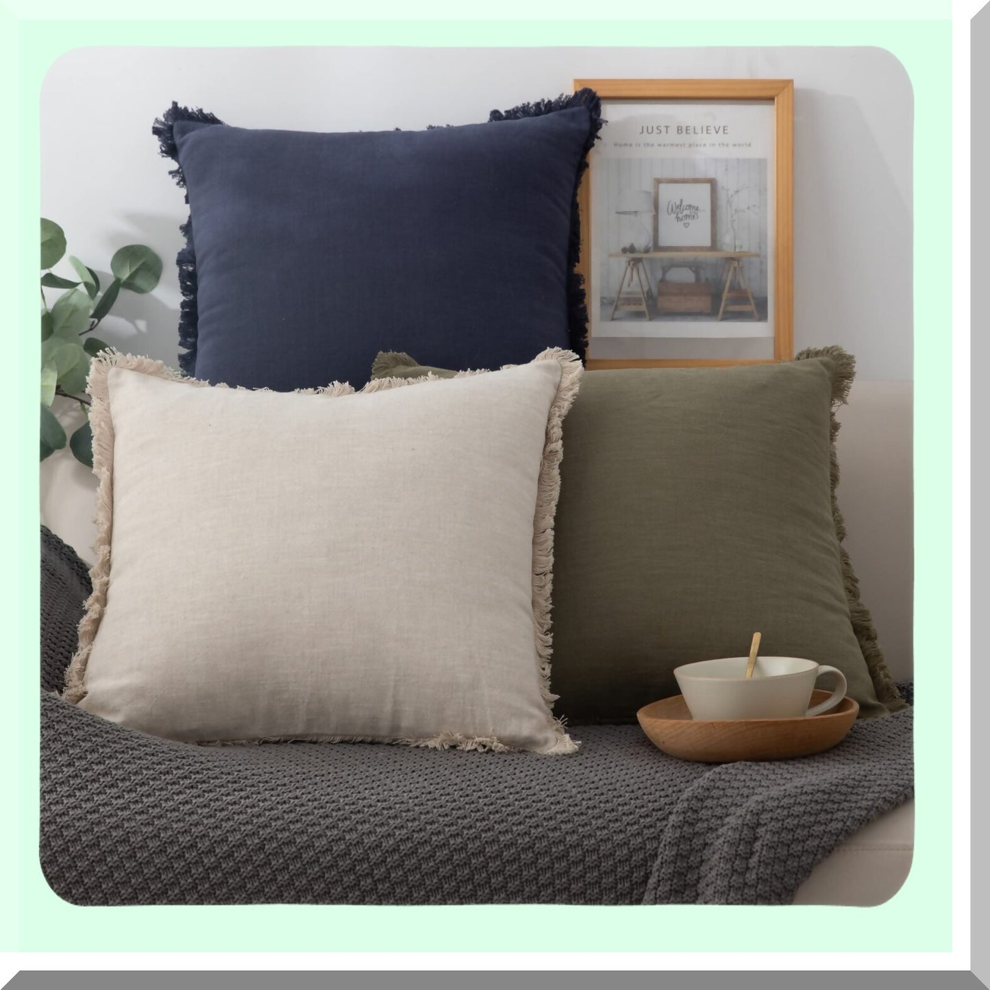 Fringe Boho Linen Pillow Cover - Soft Cozy Farmhouse Cushion with Tassels for Couch Sofa, Natural Decor Burlap Pillowcase in Green 18x18"