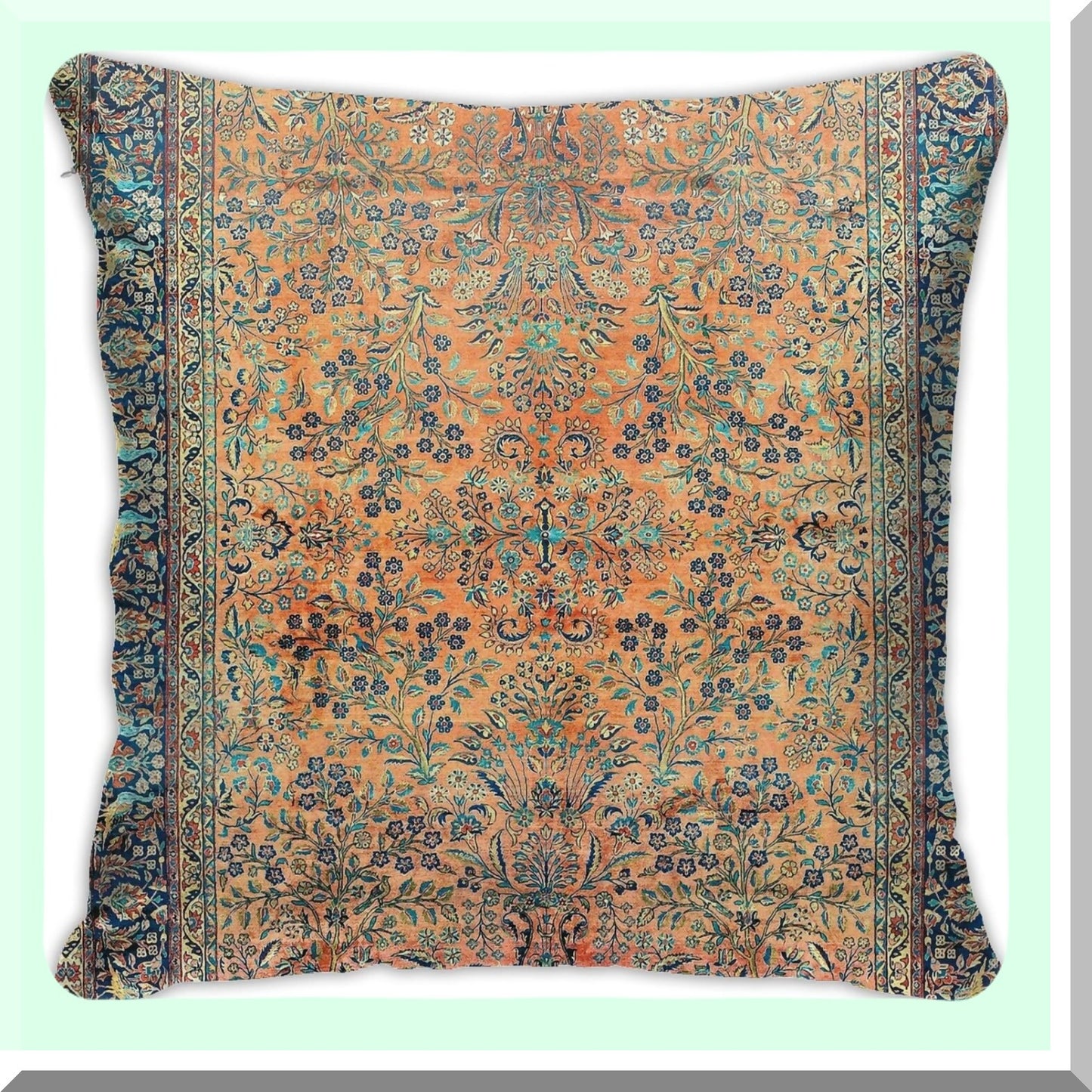 Floral Velvet Kashan Throw Pillow Cover - Persian Carpet Inspired Decorative Cushion for Home Living Room Bed Couch Car - 18x18 Inch Soft Pillowcase