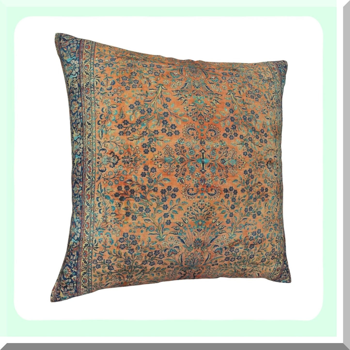 Floral Velvet Kashan Throw Pillow Cover - Persian Carpet Inspired Decorative Cushion for Home Living Room Bed Couch Car - 18x18 Inch Soft Pillowcase