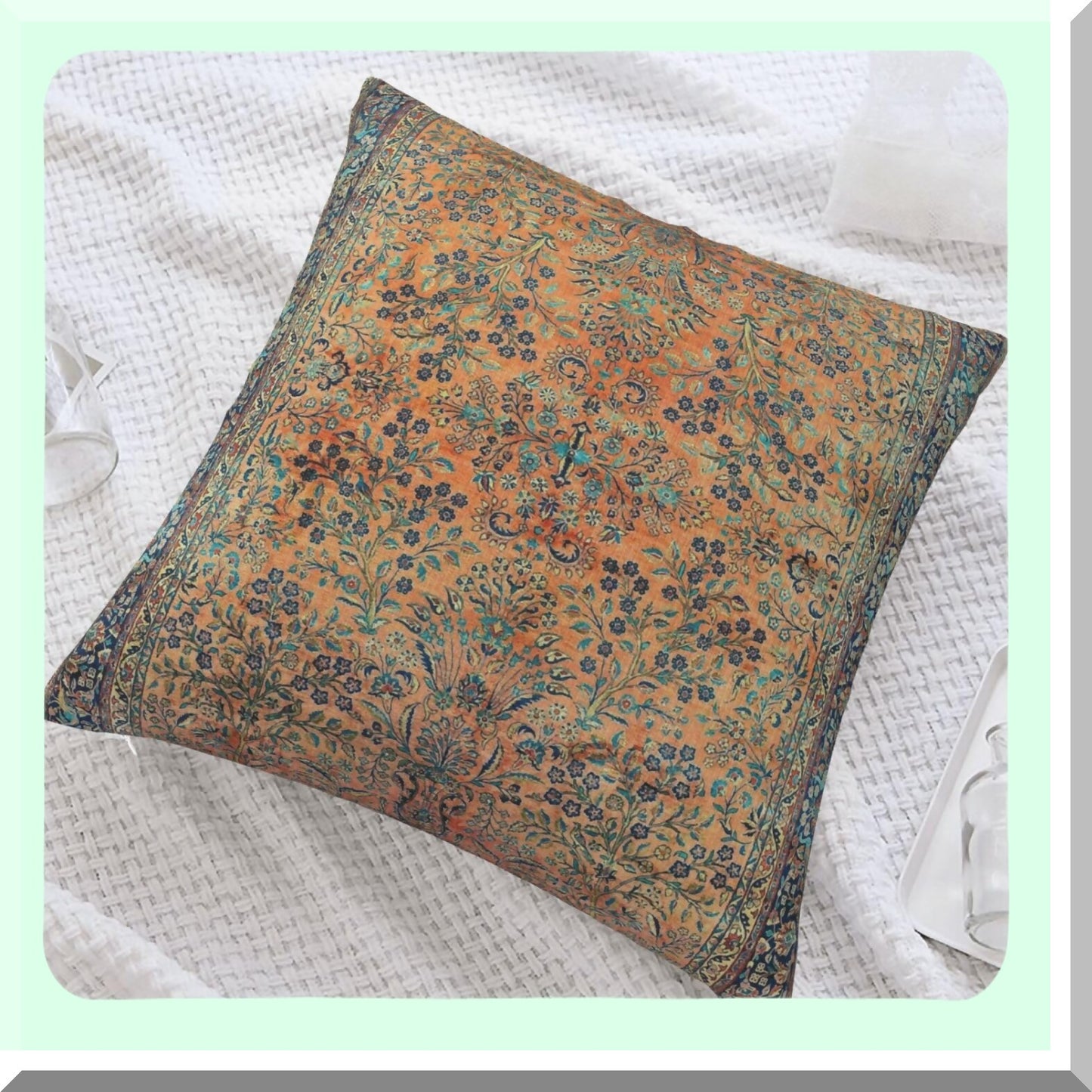 Floral Velvet Kashan Throw Pillow Cover - Persian Carpet Inspired Decorative Cushion for Home Living Room Bed Couch Car - 18x18 Inch Soft Pillowcase