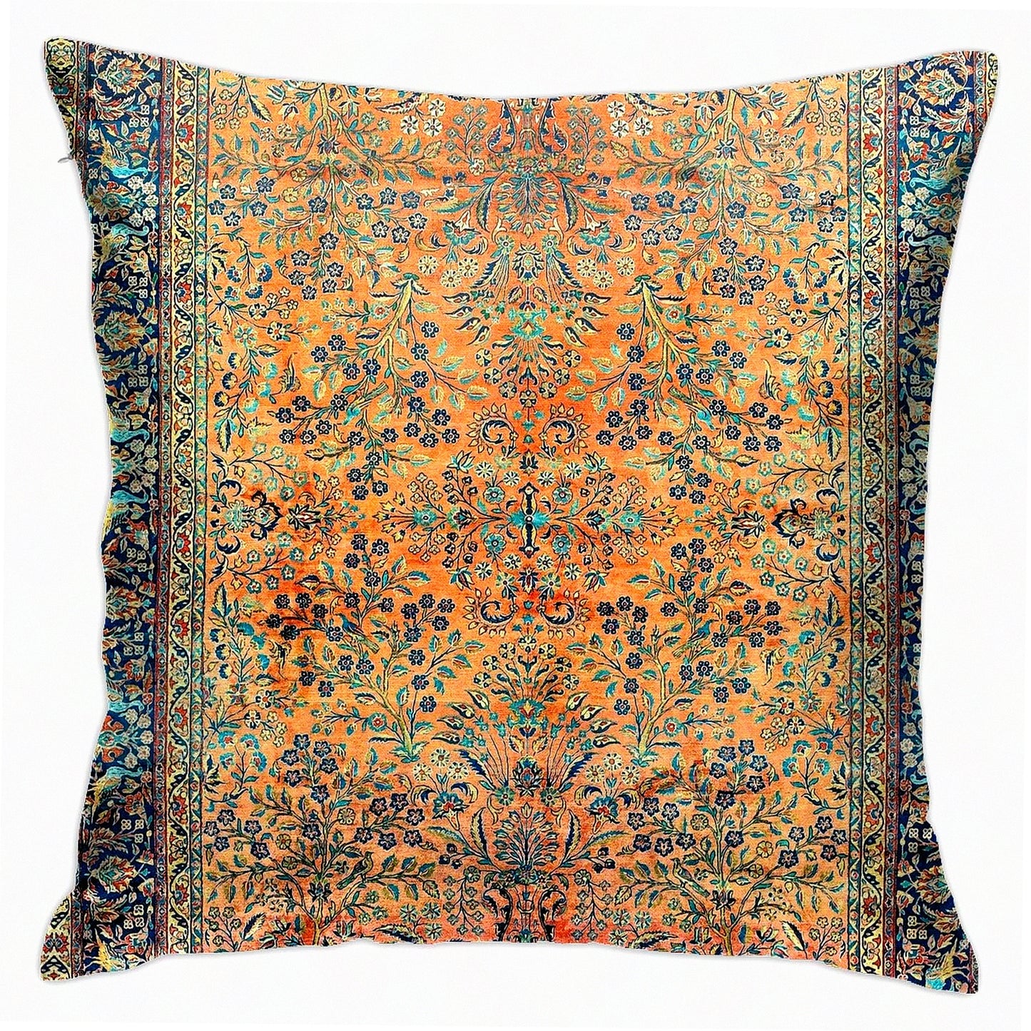 Floral Velvet Kashan Throw Pillow Cover - Persian Carpet Inspired Decorative Cushion for Home Living Room Bed Couch Car - 18x18 Inch Soft Pillowcase