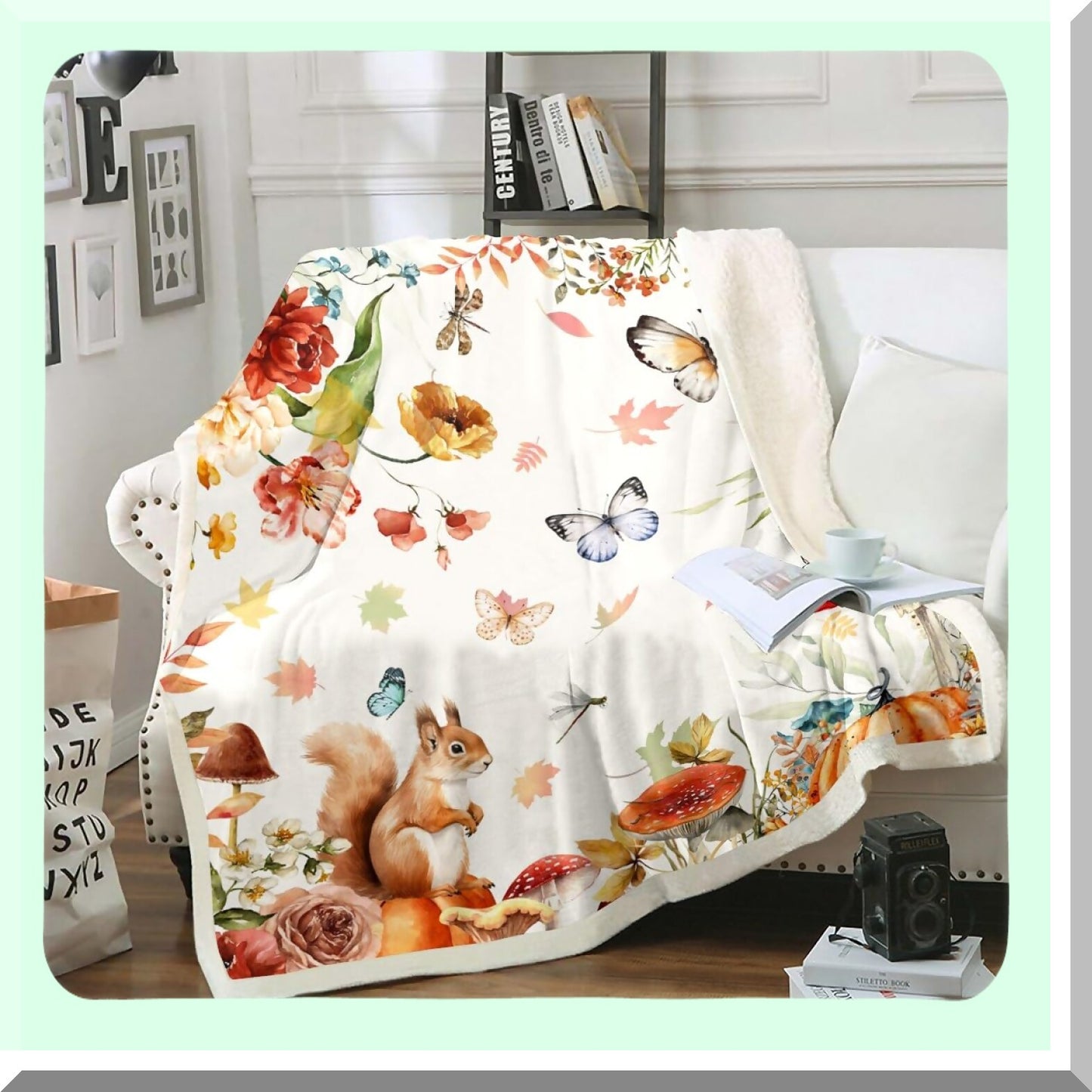 Autumn Charm Squirrel & Butterfly Fleece Throw - Cozy Fall Decor Blanket for Girls & Women, Perfect Thanksgiving Gift, 50"x60""