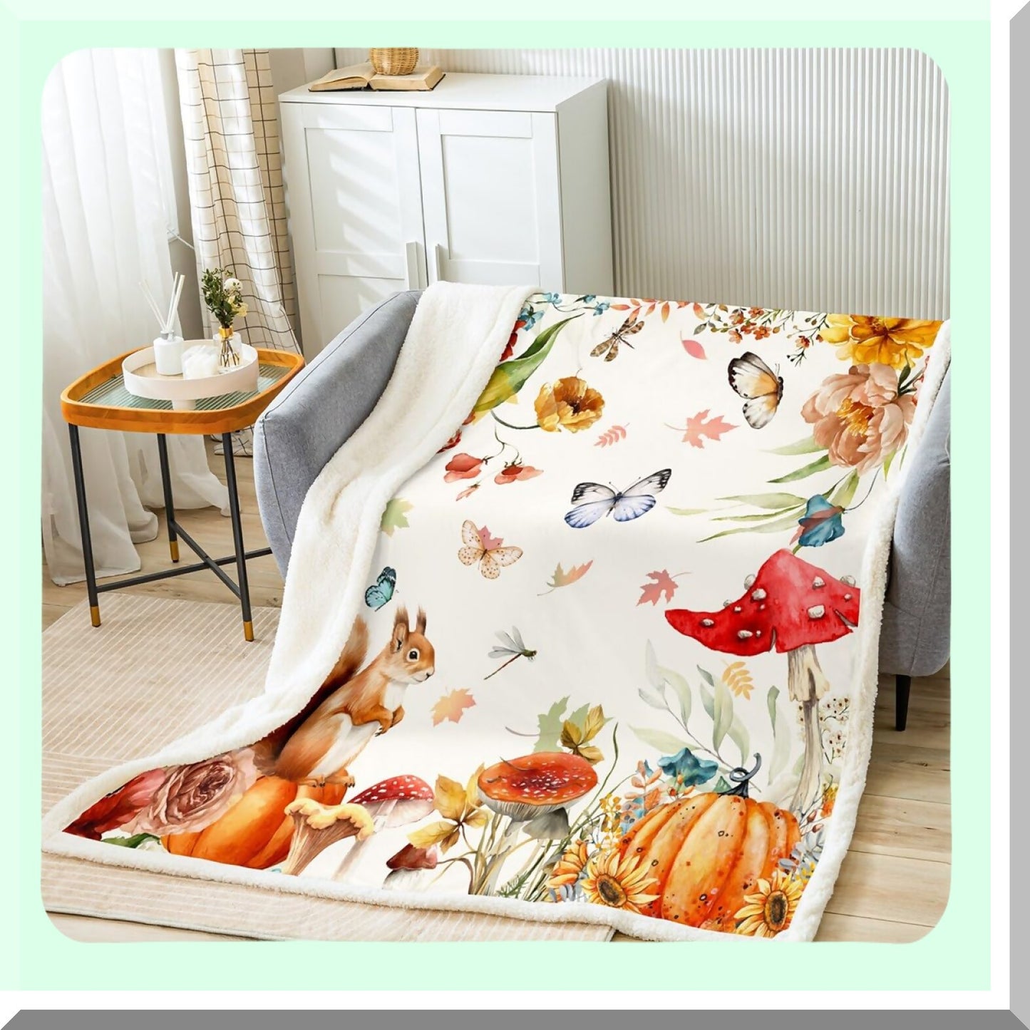 Autumn Charm Squirrel & Butterfly Fleece Throw - Cozy Fall Decor Blanket for Girls & Women, Perfect Thanksgiving Gift, 50"x60""