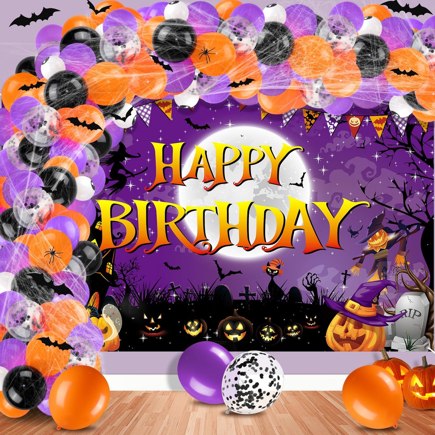 Birthday Bash Balloon Arch Kit - Orange Purple Black Party Decor Set with Banner, Backdrop, and Supplies for Kids, Women, Men - Outdoor Birthday Celebration