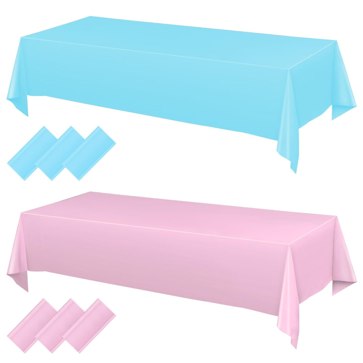 PartyPro Table Covers - 6 Pack Plastic Tablecloths Bulk, 54 x 108 Inch Disposable Rectangle Table Cloths. Waterproof and colorful, perfect for indoor or outdoor events. Birthday party decor supplies in Pink and Blue.
