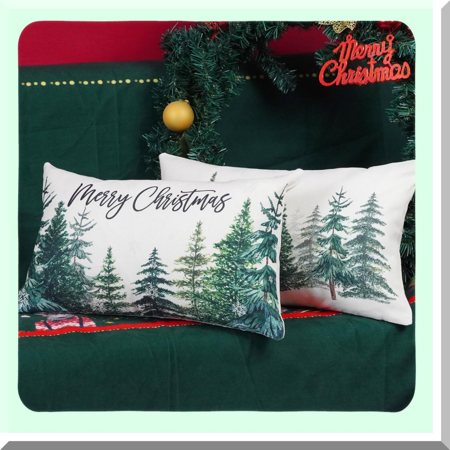 Snowflake Winter Lumbar Pillow Covers - Set of 2 Merry Tree Throw Cushion Cases 12x20 Inch for Couch Home Decorations.