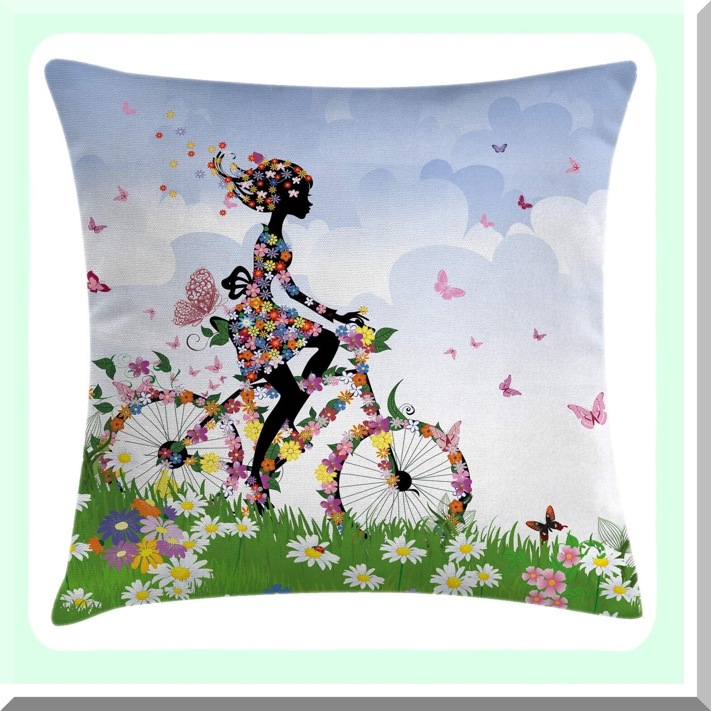 Springtime Romance Outdoor Pillow Cover - Vintage Bike Theme Decorative Cushion Case, 18" X 18", Green Blue Flower Basket Accent Square Art