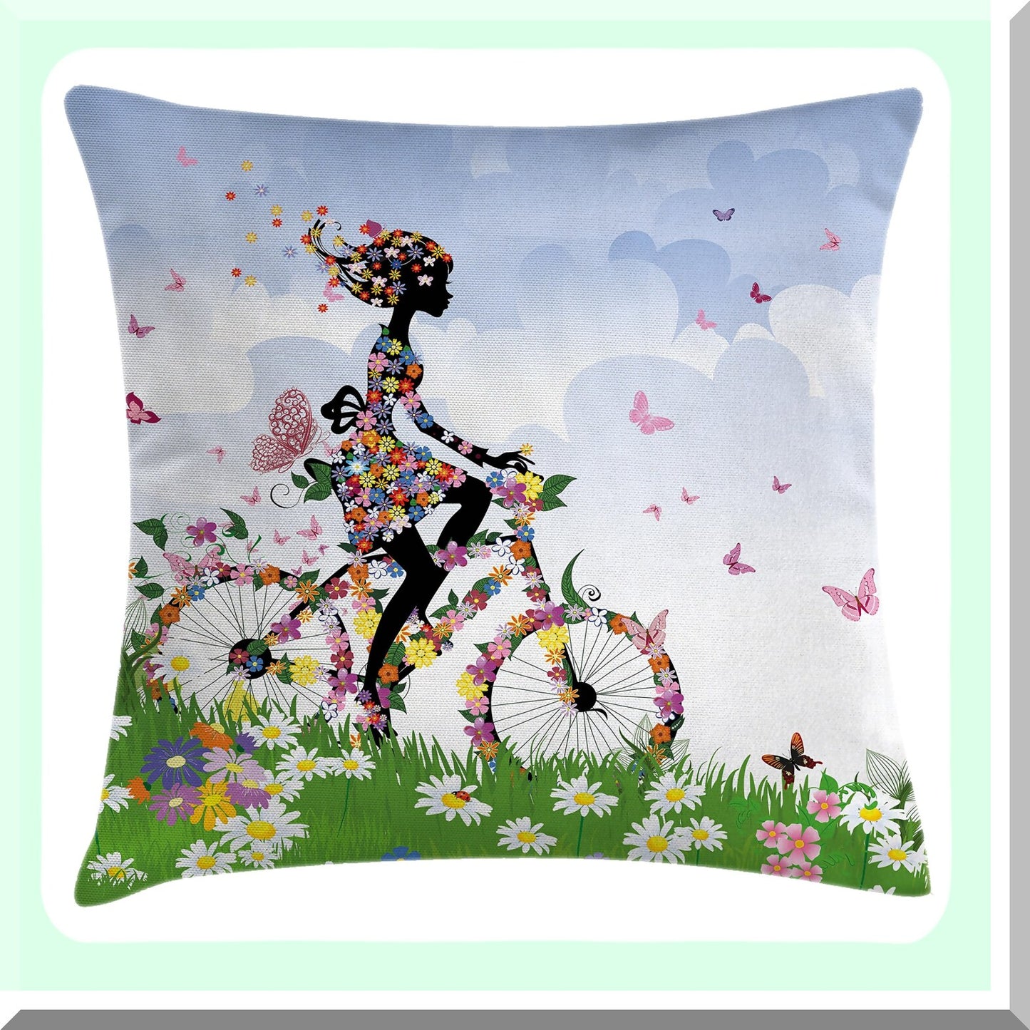 Springtime Romance Outdoor Pillow Cover - Vintage Bike Theme Decorative Cushion Case, 18" X 18", Green Blue Flower Basket Accent Square Art