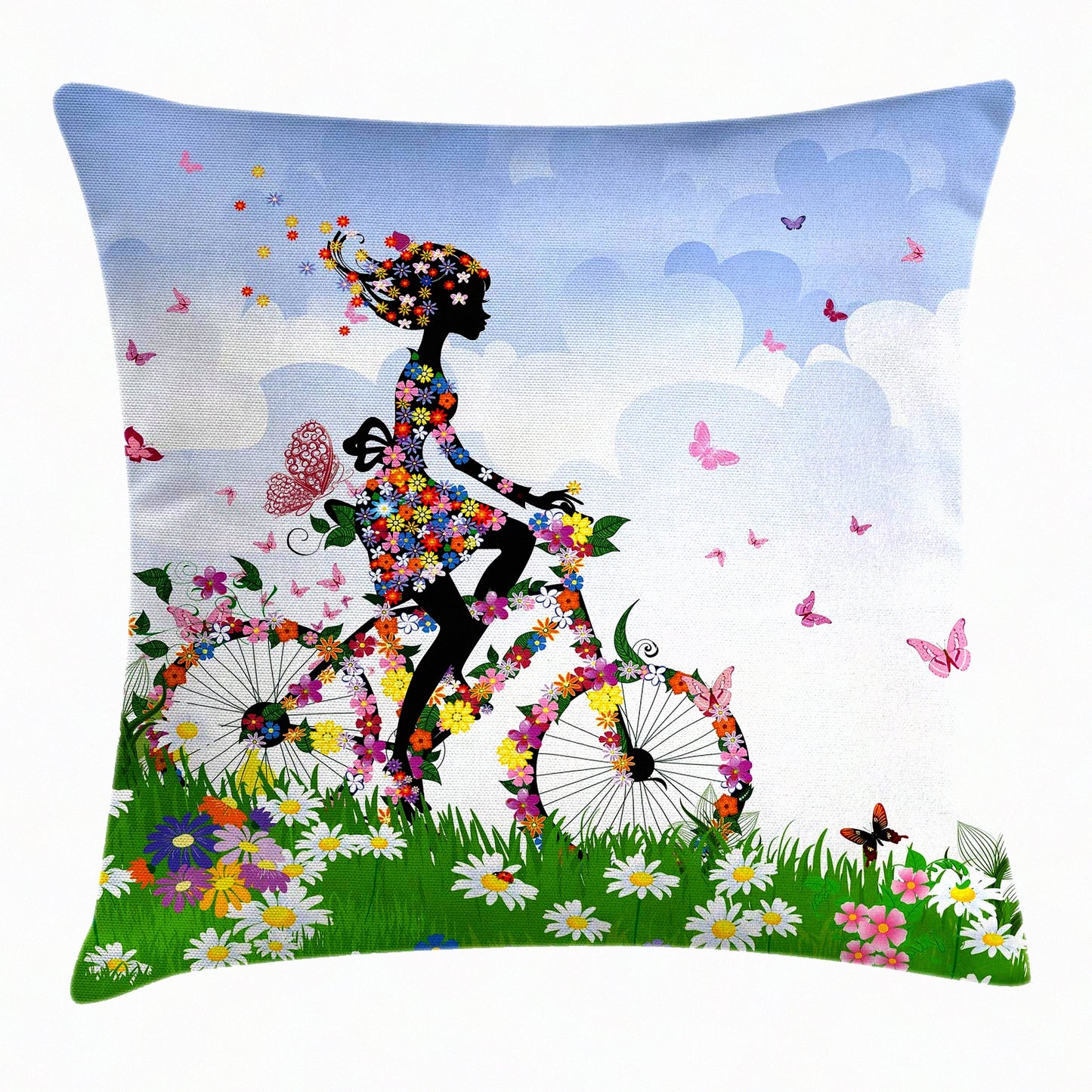 Springtime Romance Outdoor Pillow Cover - Vintage Bike Theme Decorative Cushion Case, 18" X 18", Green Blue Flower Basket Accent Square Art