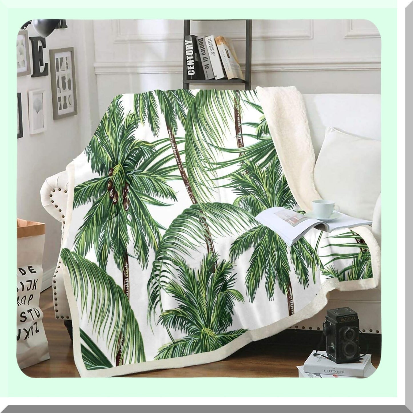 Surfside Serenity: Tropical Fleece Throw Blanket with Hawaii Beach Theme, Ocean Surfing, Palm Tree, and Green Plants Design - Cozy Sherpa for Sofa, Bed, or Couch (60" x 80")"
