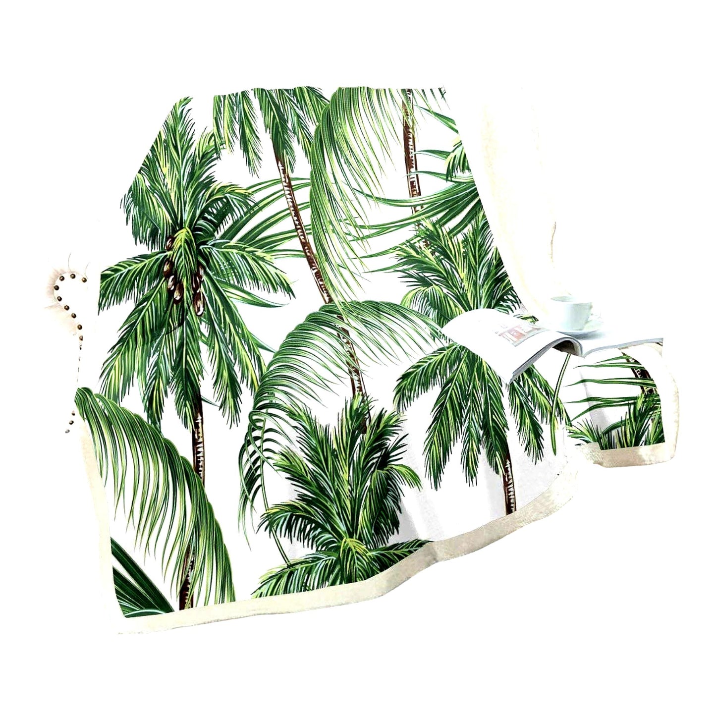 Surfside Serenity: Tropical Fleece Throw Blanket with Hawaii Beach Theme, Ocean Surfing, Palm Tree, and Green Plants Design - Cozy Sherpa for Sofa, Bed, or Couch (60" x 80")"