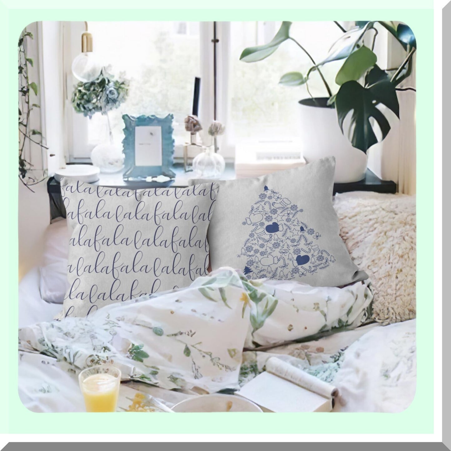 Chinoiserie Blue Tree Holiday Pillow Covers - Set of 4 - Decorative Throw Pillow Cover for Bed Room Home Decor - 18x18 Falalala Merry Theme