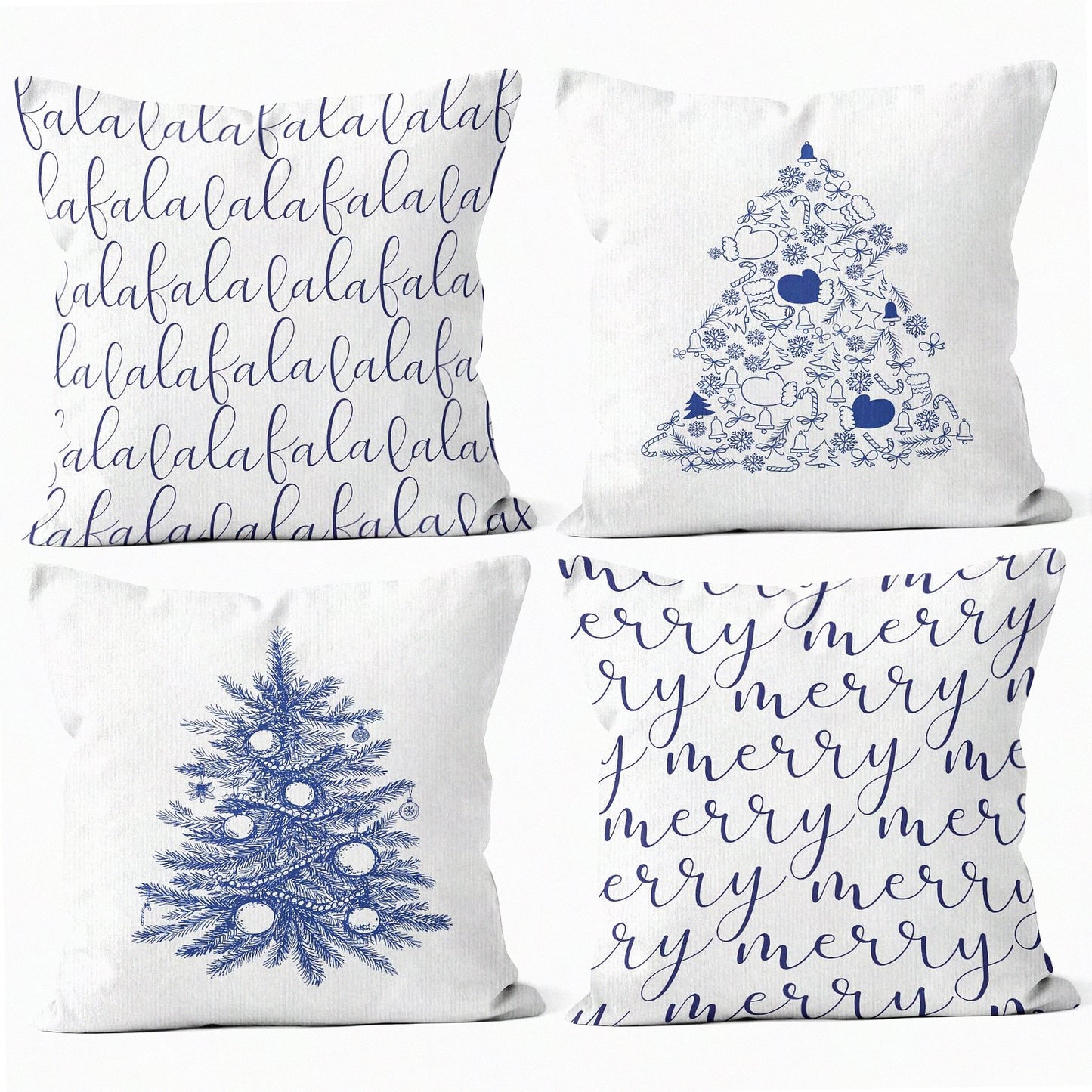 Chinoiserie Blue Tree Holiday Pillow Covers - Set of 4 - Decorative Throw Pillow Cover for Bed Room Home Decor - 18x18 Falalala Merry Theme