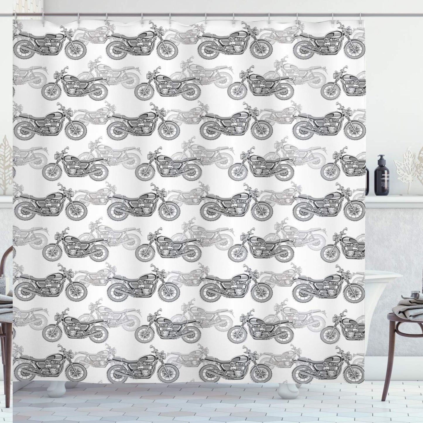 Motorcycle Shower Curtain Gray White Black 69x70 inches