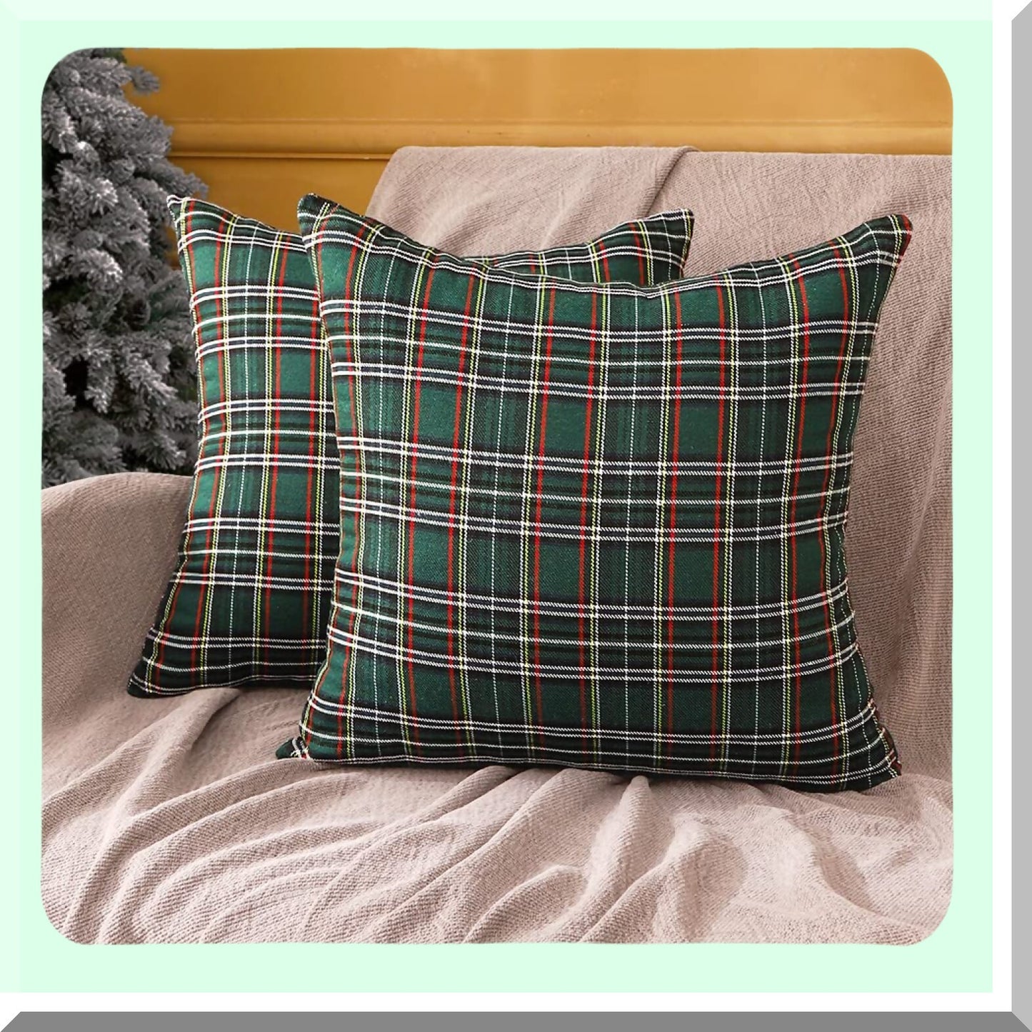 Green Plaid Tartan Cushion Covers - Set of 2 | 18x18 Outdoor Pillow Cases for Living Room Sofa | Traditional Decorative Throw Pillows