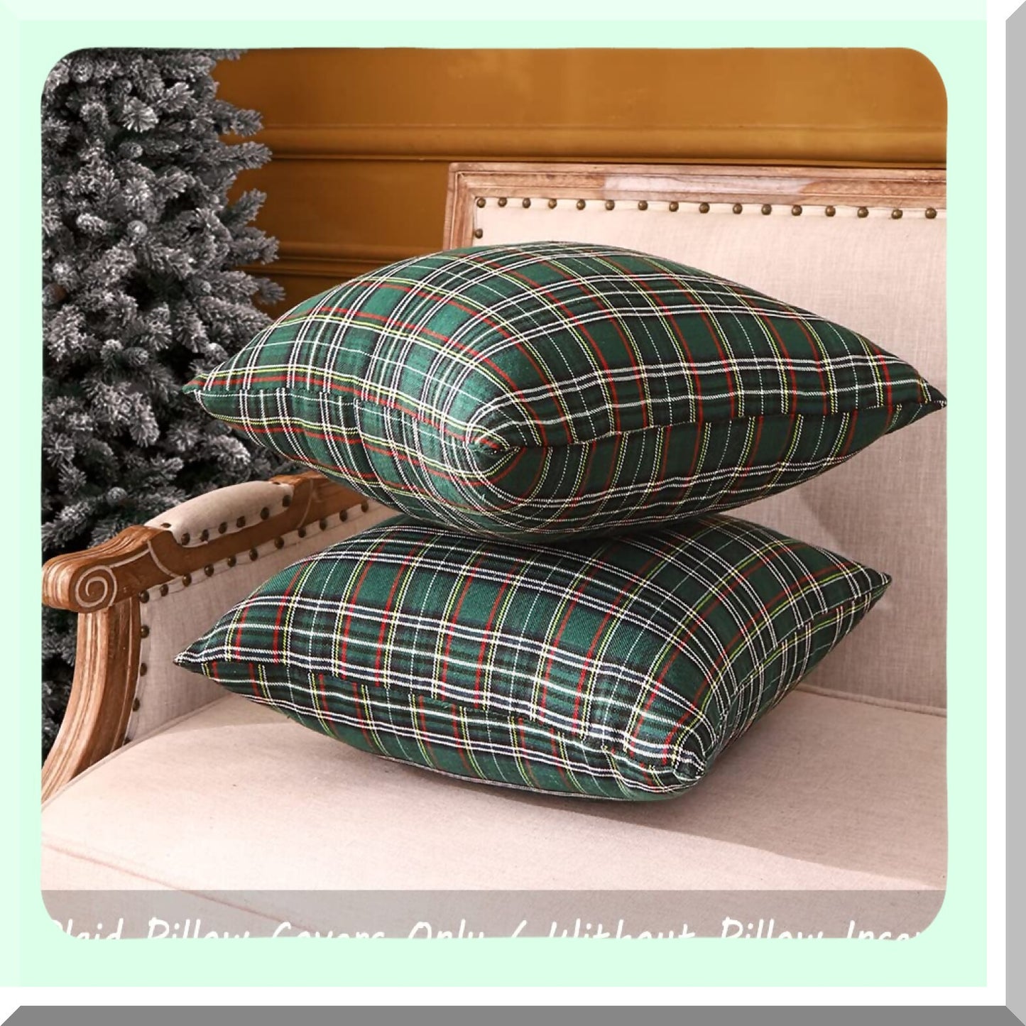 Green Plaid Tartan Cushion Covers - Set of 2 | 18x18 Outdoor Pillow Cases for Living Room Sofa | Traditional Decorative Throw Pillows