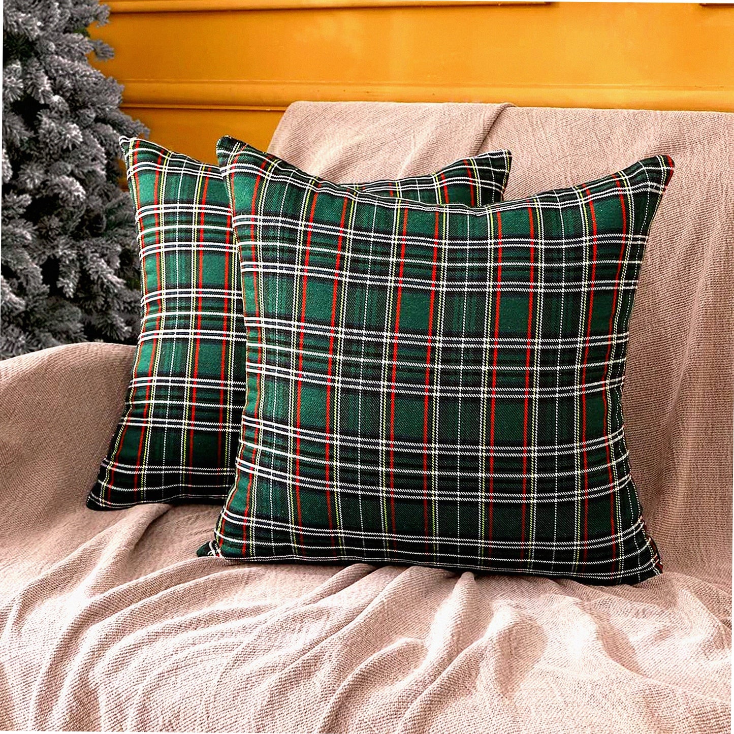 Green Plaid Tartan Cushion Covers - Set of 2 | 18x18 Outdoor Pillow Cases for Living Room Sofa | Traditional Decorative Throw Pillows