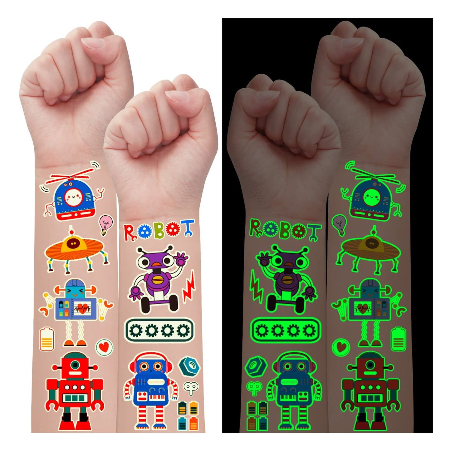 Glowing Robot Party Pack - 30 Luminous Temporary Tattoos for Boys Birthday, Kids Goodie Bag Favors, Fun Robot Themed Supplies & Gifts