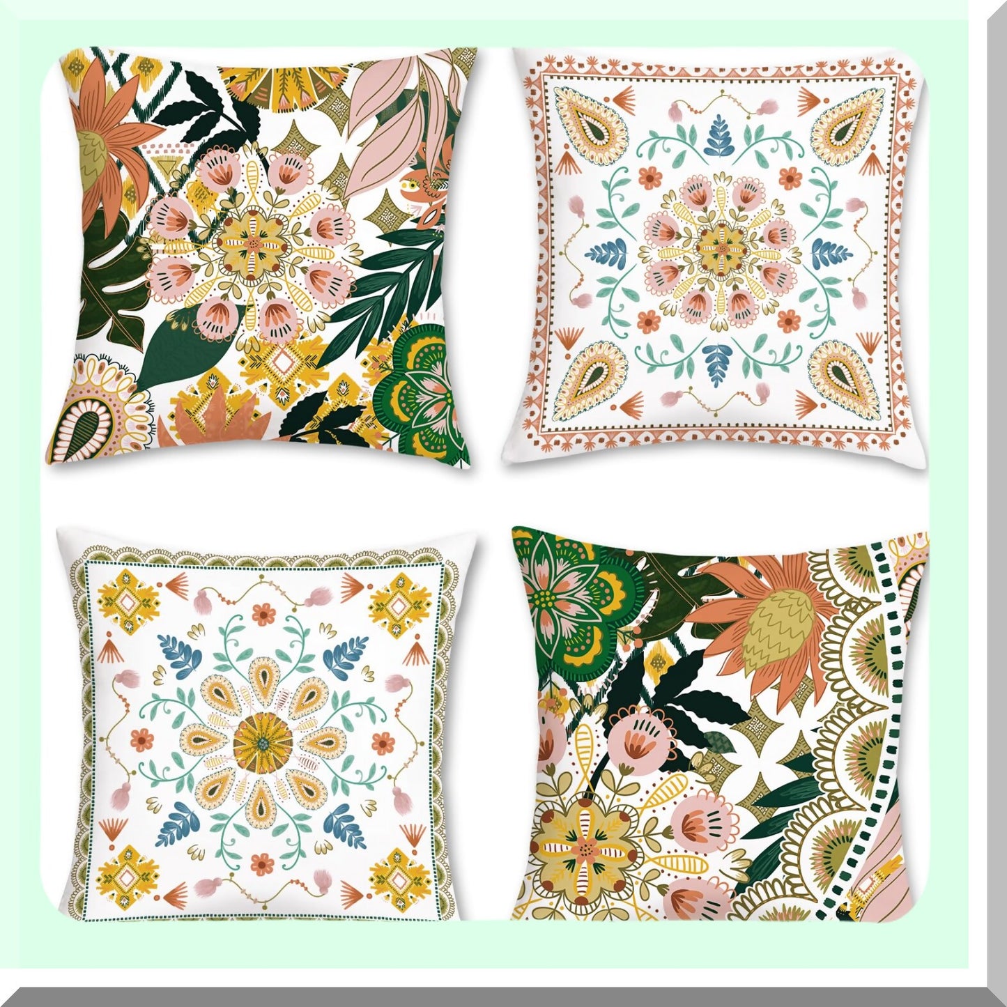 Floral Boho Velvet Pillowcase Set - 18x18 Bohemian Decor Throw Covers for Sofa, Couch, Car - Soft Decorative Cases for Bedroom Home