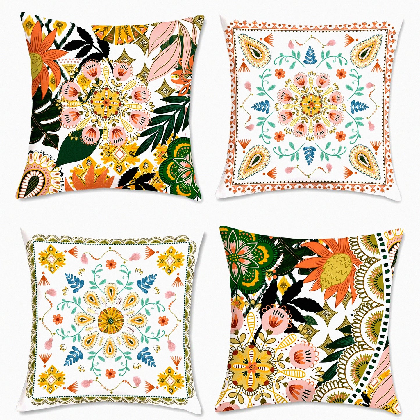 Floral Boho Velvet Pillowcase Set - 18x18 Bohemian Decor Throw Covers for Sofa, Couch, Car - Soft Decorative Cases for Bedroom Home