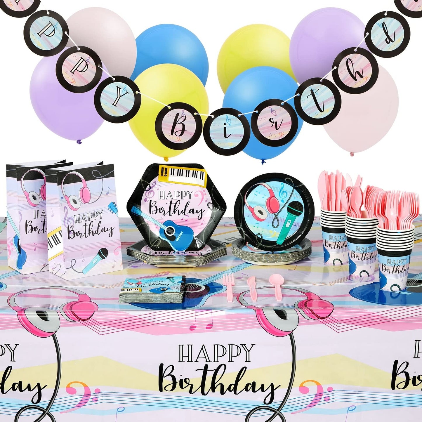 Party Groove Pack: Music Birthday Supplies Set - Plates, Napkins, Cups, Tablecloth, Cutlery, Banner, Favor Bags, Balloons (Serves 24)