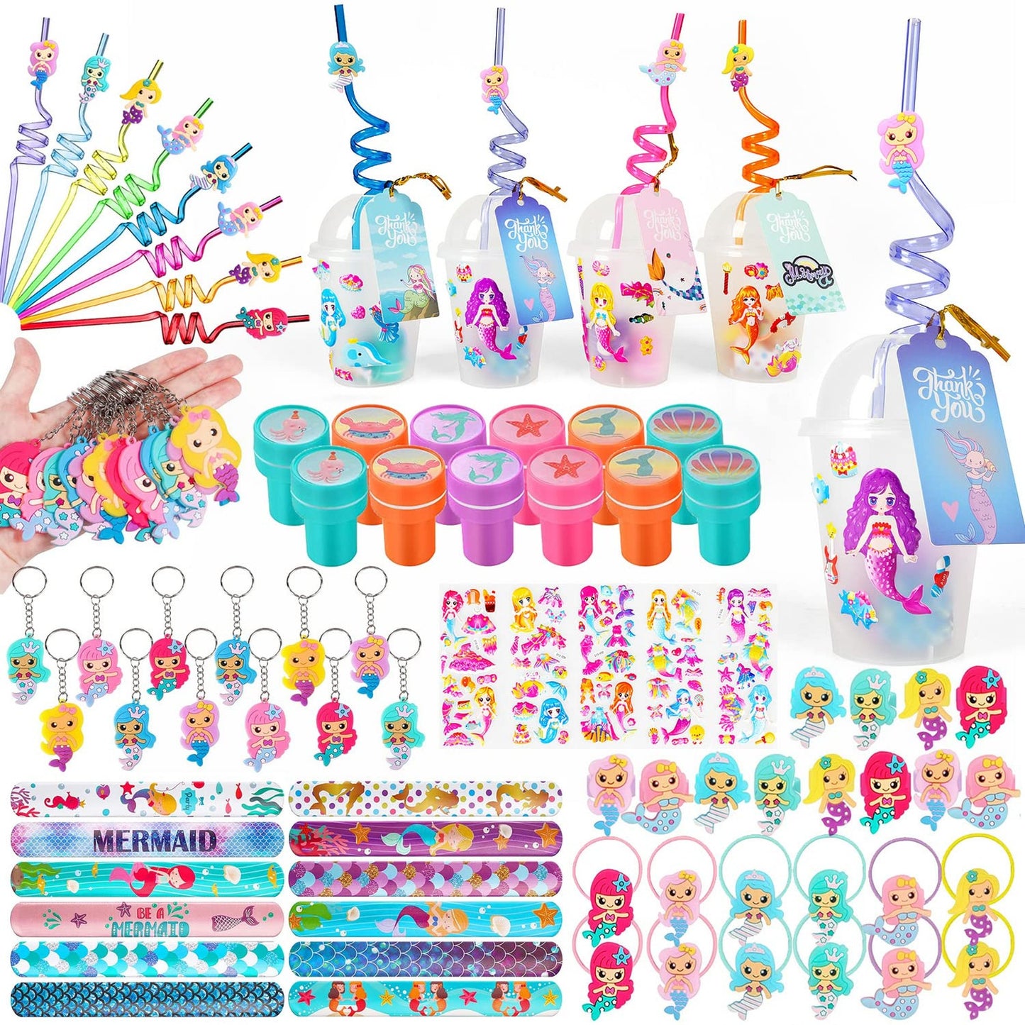 Mermaid Magic Party Pack - Personalized Goody Cups with Mermaid Themed Goodies: Straws, Stampers, Bracelets, Keychains, Hair Ties, Rings, Stickers. Perfect for Girls!