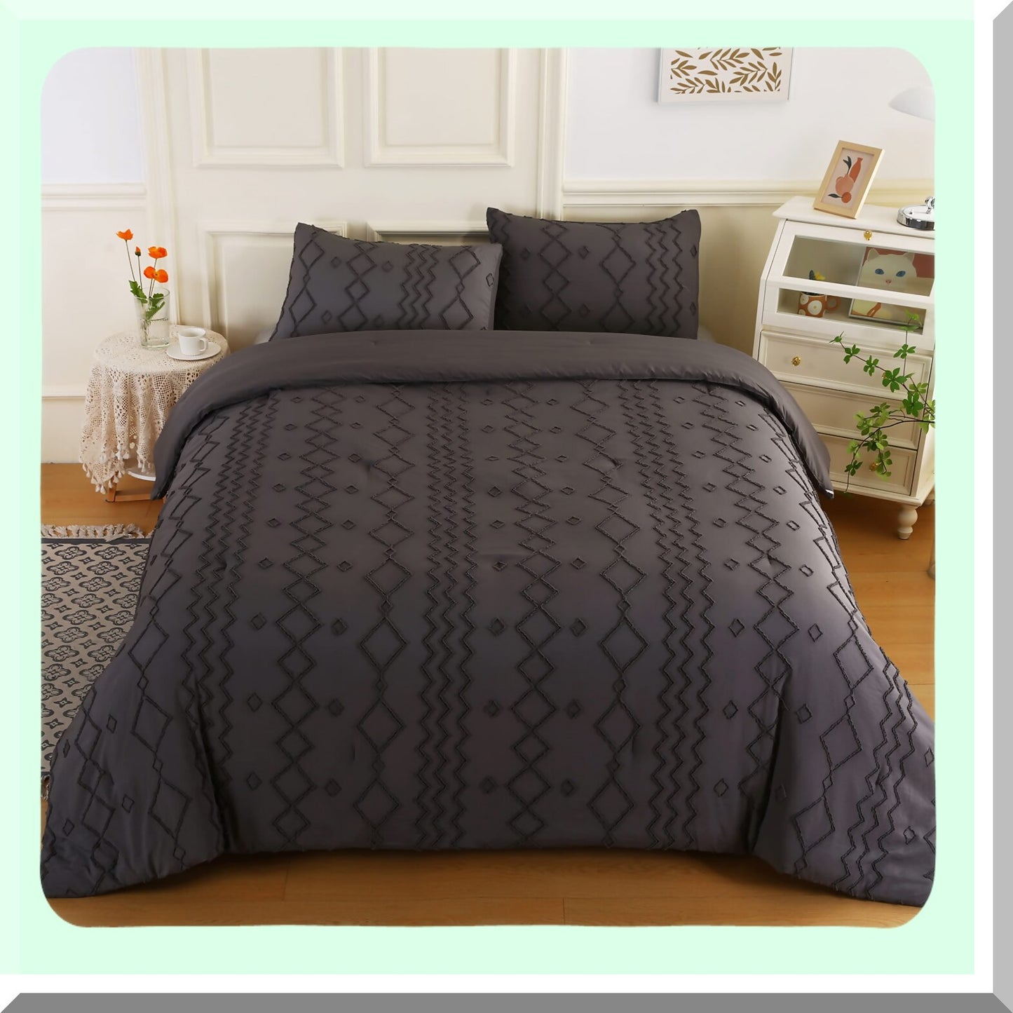 Boho Chic Geometric Comforter Set - Queen Size 3-Piece Bedding Set with Tufted Design, Lightweight Down Alternative Microfiber for All Seasons - Dark Grey