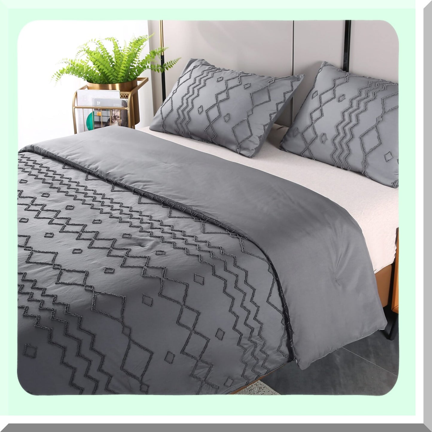 Boho Chic Geometric Comforter Set - Queen Size 3-Piece Bedding Set with Tufted Design, Lightweight Down Alternative Microfiber for All Seasons - Dark Grey