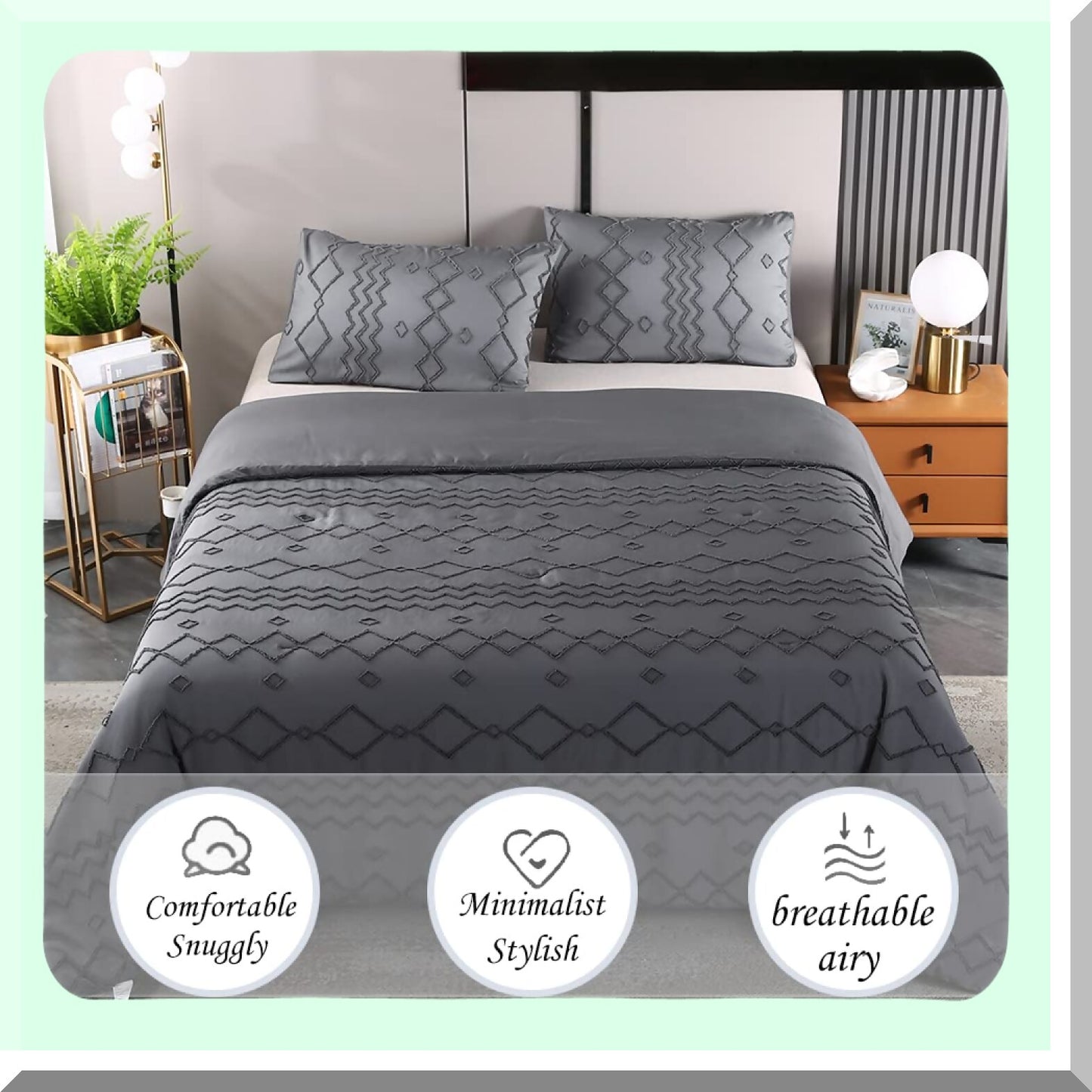 Boho Chic Geometric Comforter Set - Queen Size 3-Piece Bedding Set with Tufted Design, Lightweight Down Alternative Microfiber for All Seasons - Dark Grey