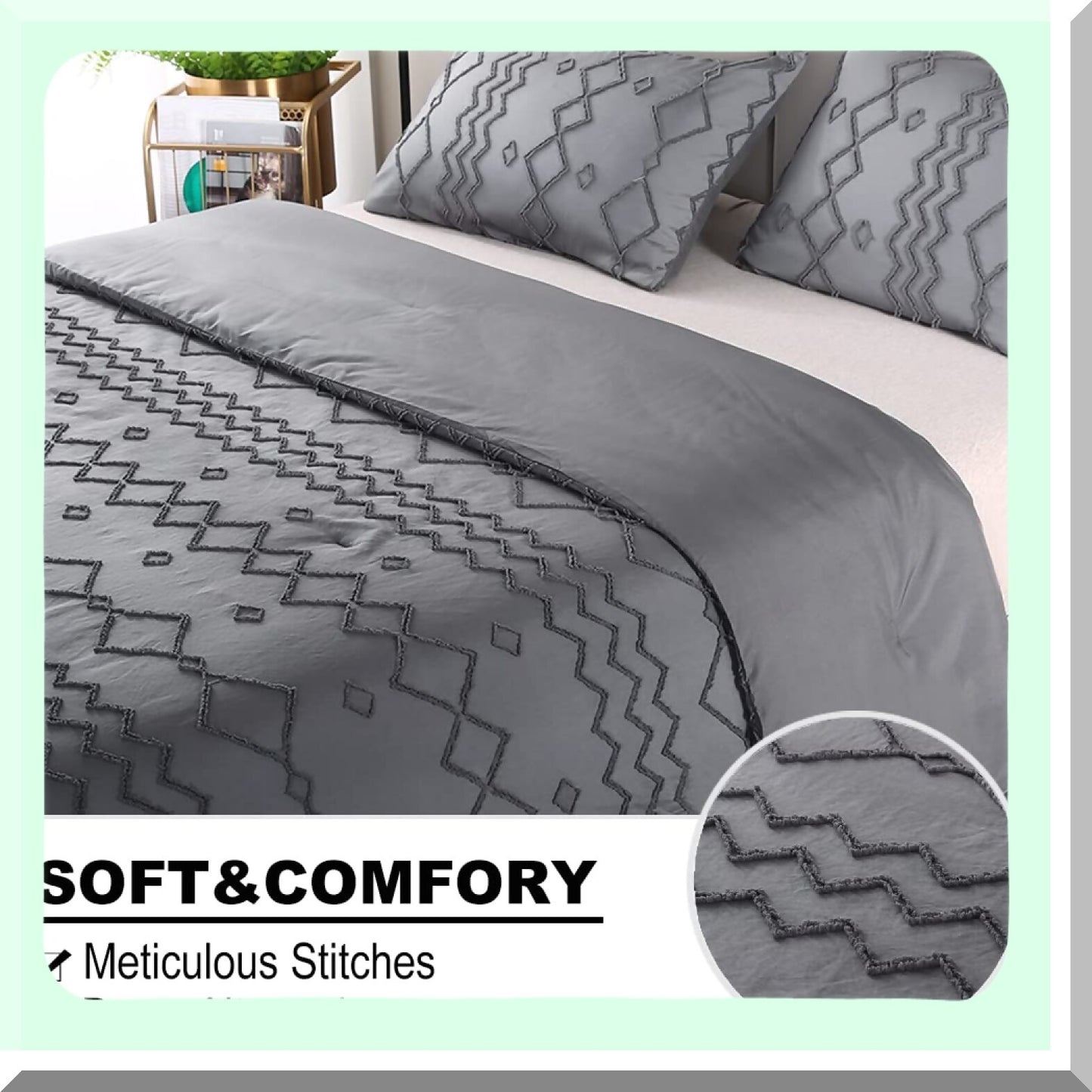 Boho Chic Geometric Comforter Set - Queen Size 3-Piece Bedding Set with Tufted Design, Lightweight Down Alternative Microfiber for All Seasons - Dark Grey