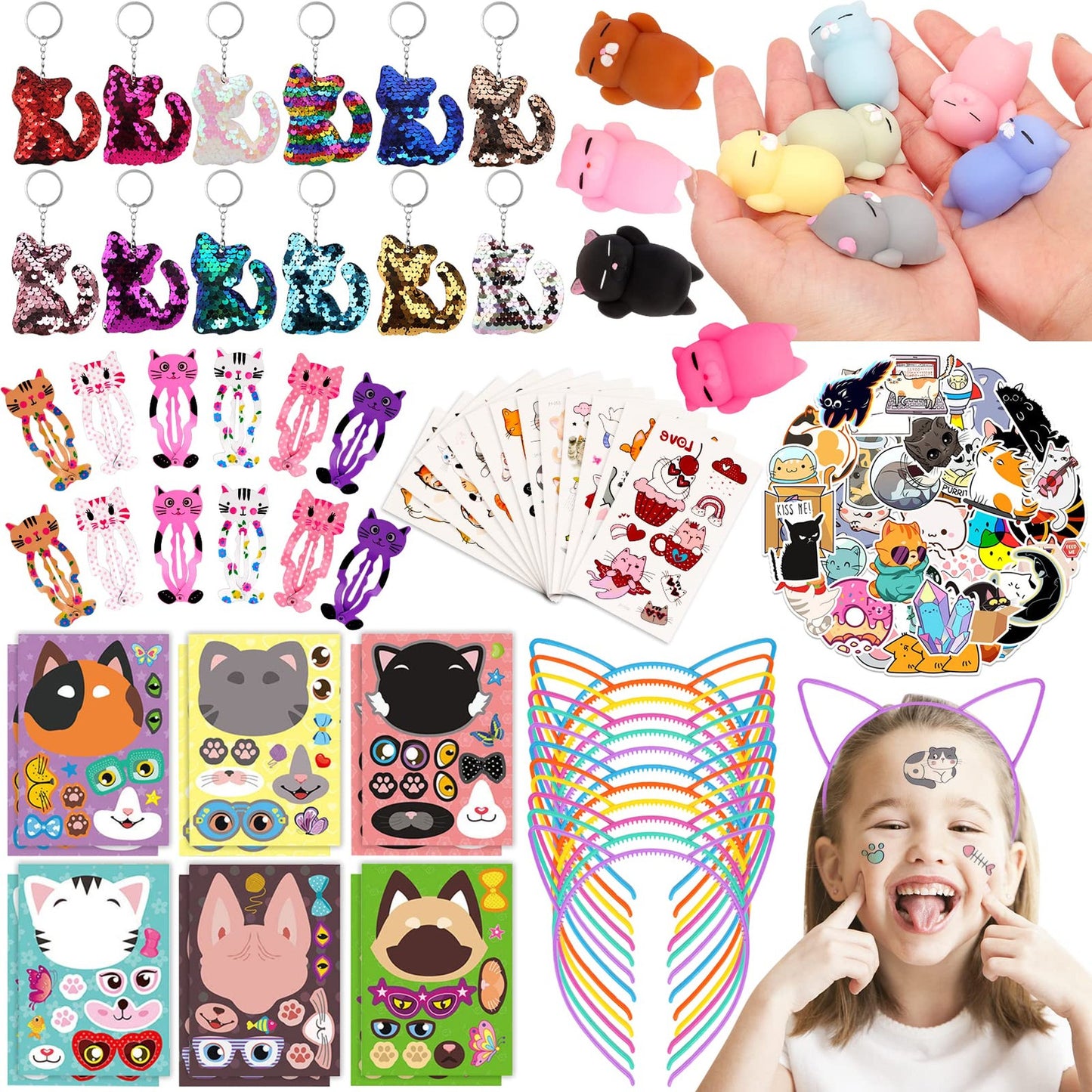 Cat-tastic Party Pack: Cat Ears Headband, Flip Sequin Keychain, Stickers, Stress Toys & More! Perfect for Cat Themed Birthday Parties & Goodie Bags!