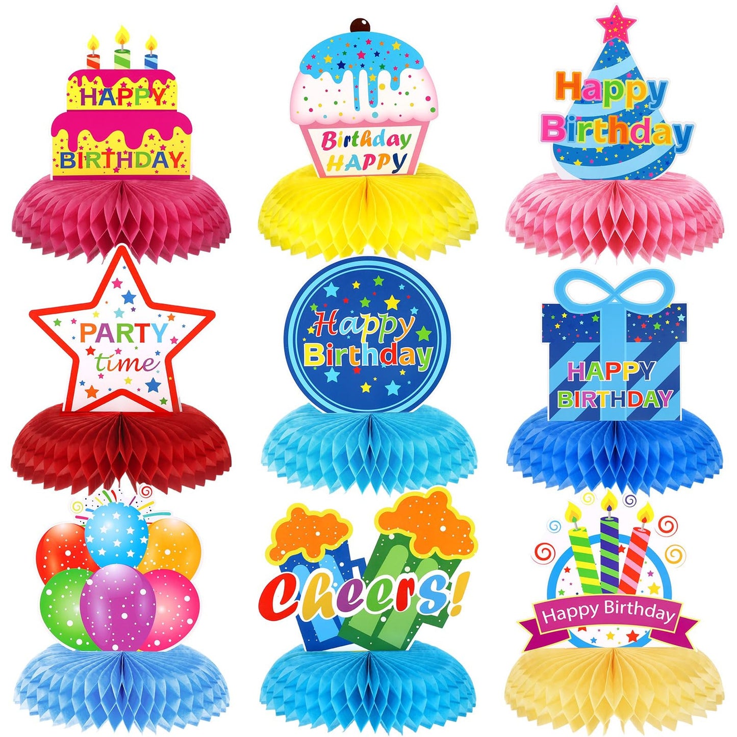 Birthday Bliss Honeycomb Centerpieces - Set of 9 Happy Birthday Table Decorations for Men and Women. Add a touch of cute style to your birthday party!