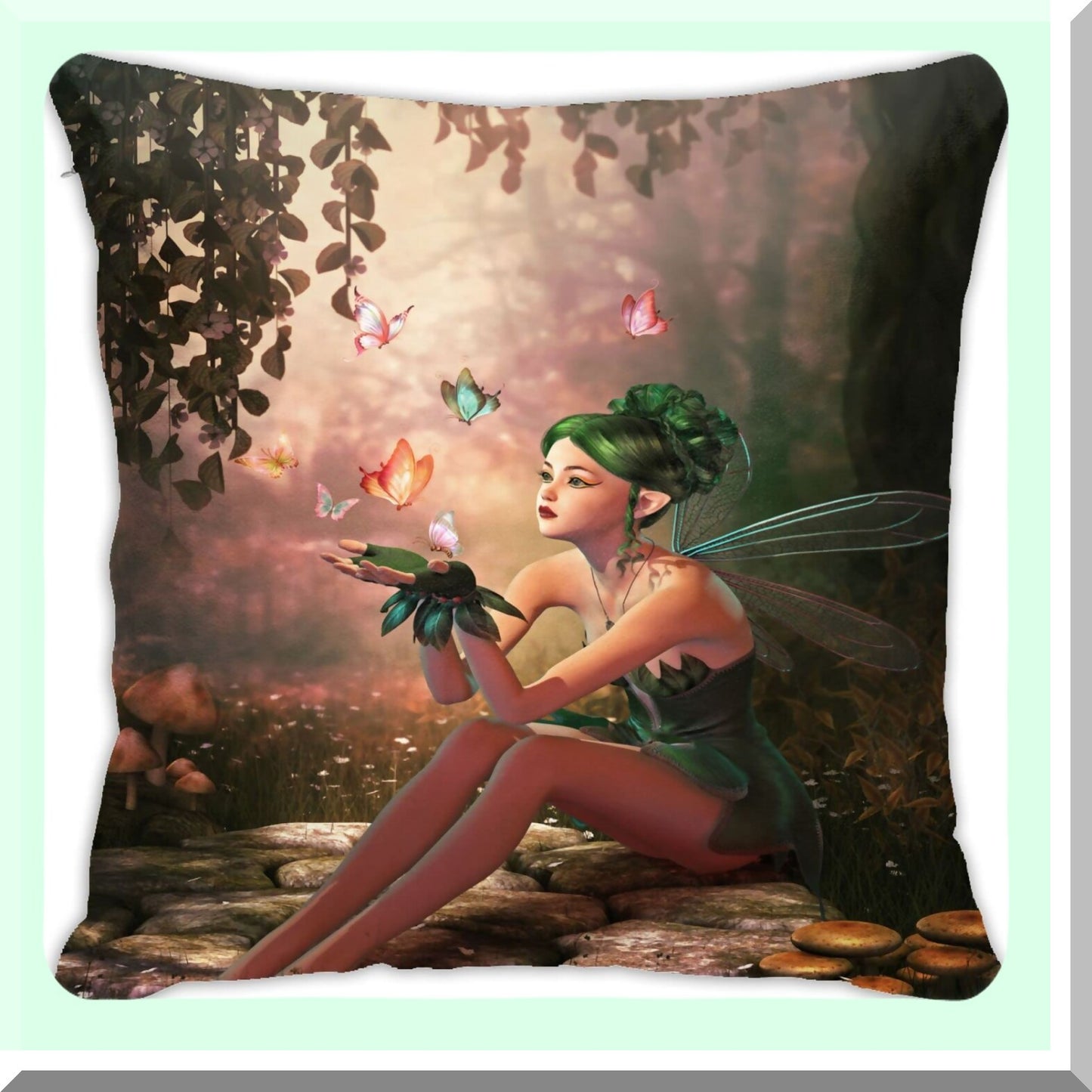 Fairy Wings Green Butterfly Pillowcase - Decorative Throw Pillow Cover for Sofa, Car, Bedroom - Square Cushion Case 18x18inch - Home Decor