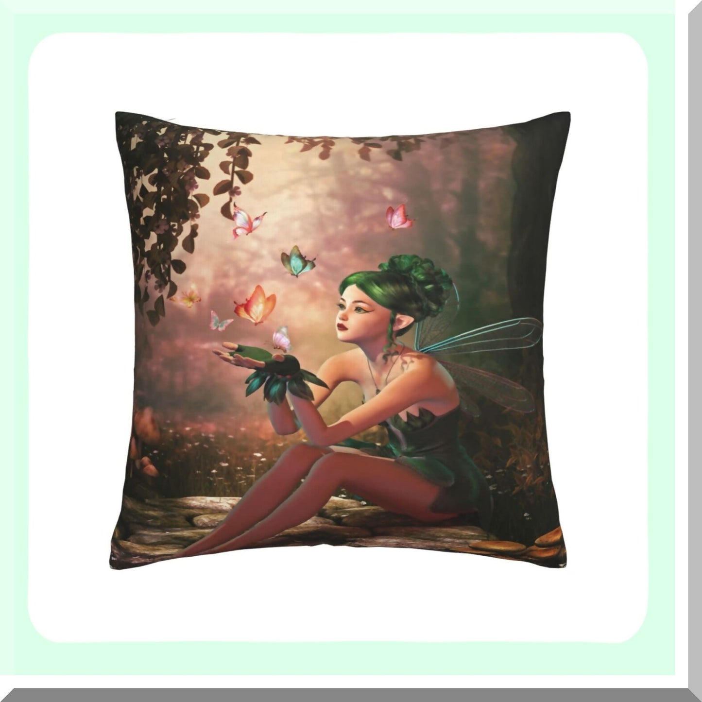 Fairy Wings Green Butterfly Pillowcase - Decorative Throw Pillow Cover for Sofa, Car, Bedroom - Square Cushion Case 18x18inch - Home Decor