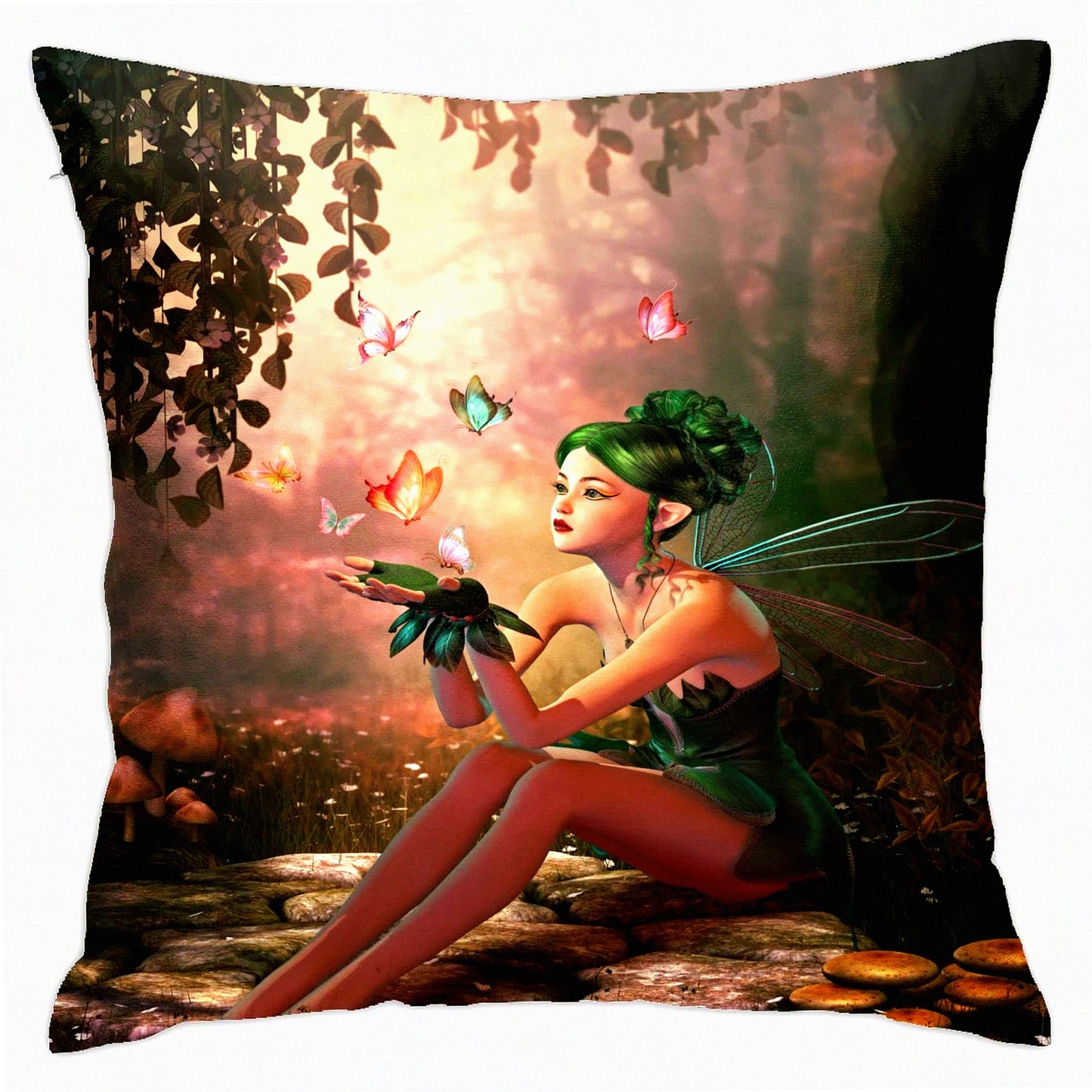 Fairy Wings Green Butterfly Pillowcase - Decorative Throw Pillow Cover for Sofa, Car, Bedroom - Square Cushion Case 18x18inch - Home Decor