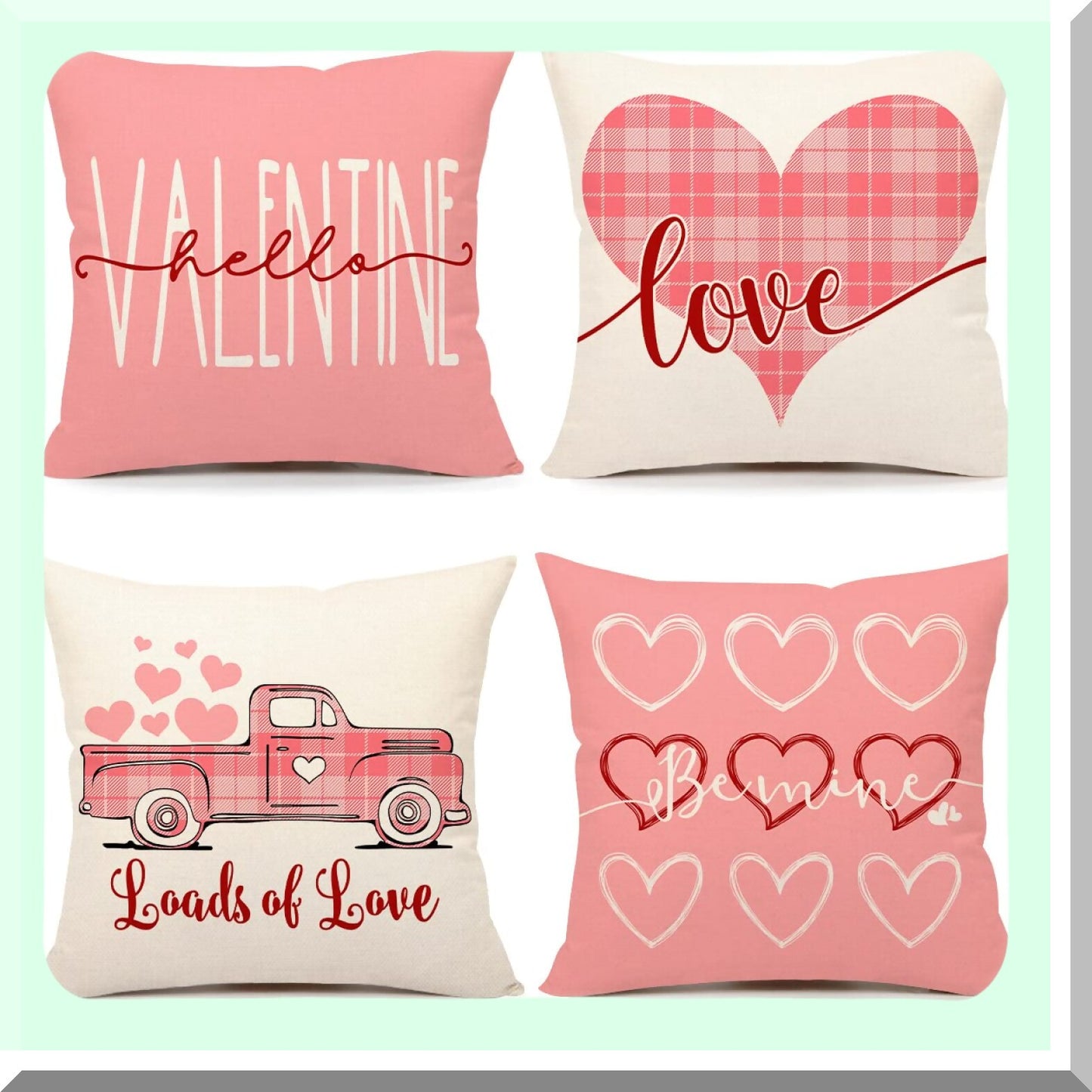 Love Heart Farmhouse Pillow Covers - Set of 4 Spring Holiday Decorations - Be Mine Cushion Case - Valentines Day Home Decor - Pink Truck Throw Pillow Case - 18x18 TH157
