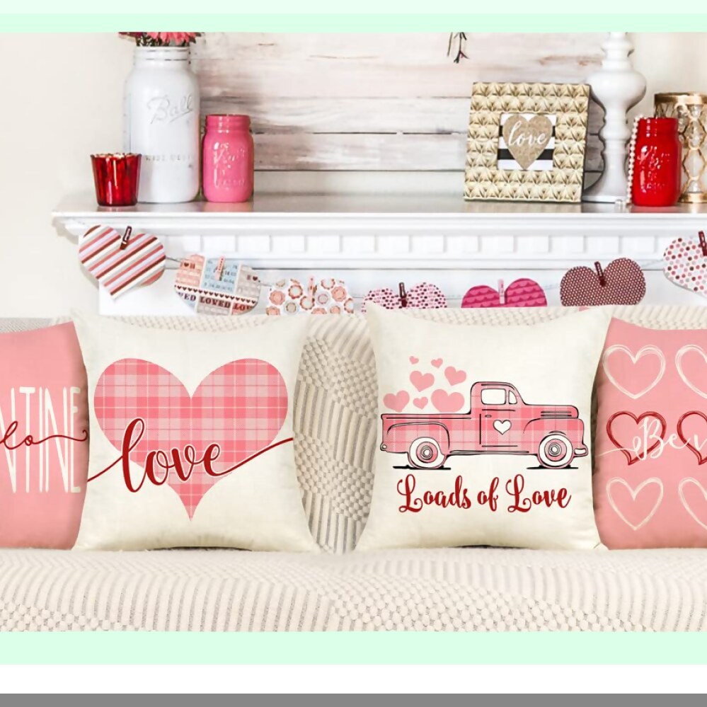 Love Heart Farmhouse Pillow Covers - Set of 4 Spring Holiday Decorations - Be Mine Cushion Case - Valentines Day Home Decor - Pink Truck Throw Pillow Case - 18x18 TH157