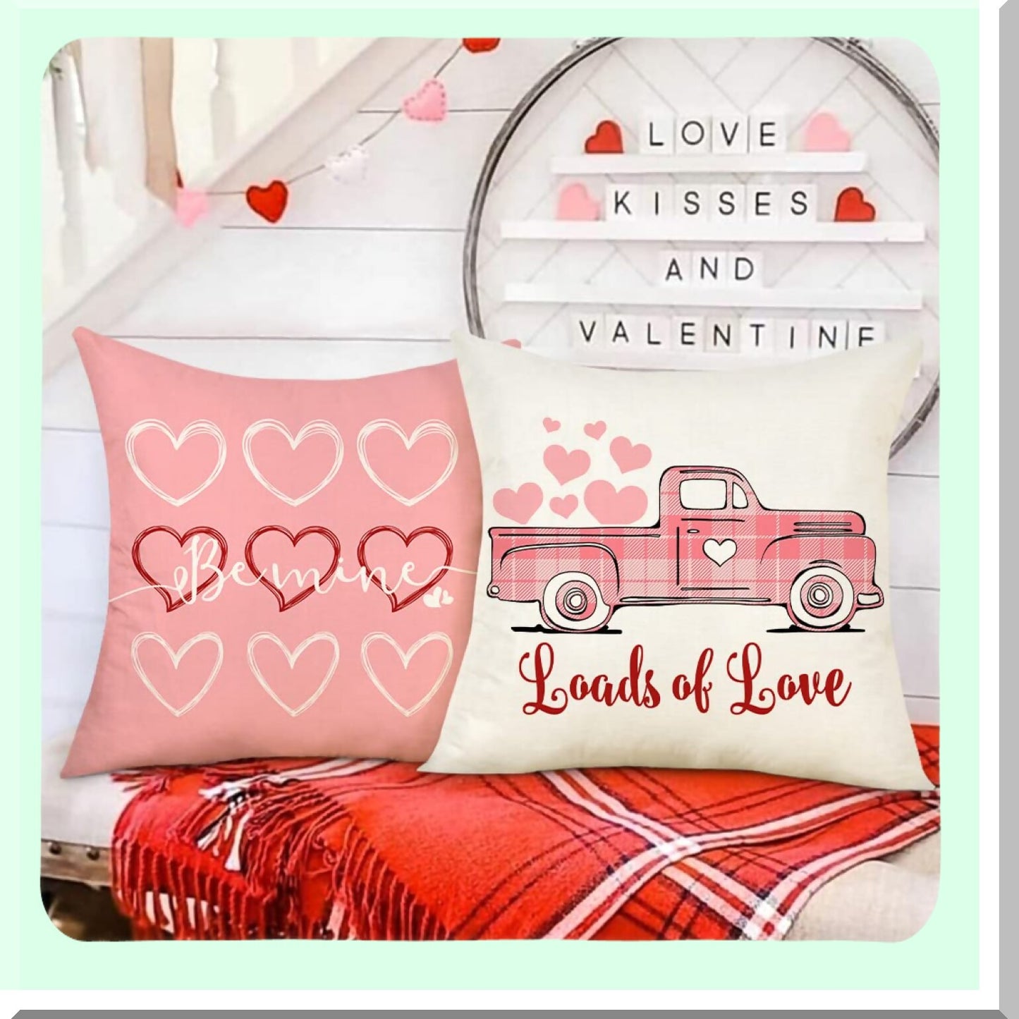 Love Heart Farmhouse Pillow Covers - Set of 4 Spring Holiday Decorations - Be Mine Cushion Case - Valentines Day Home Decor - Pink Truck Throw Pillow Case - 18x18 TH157