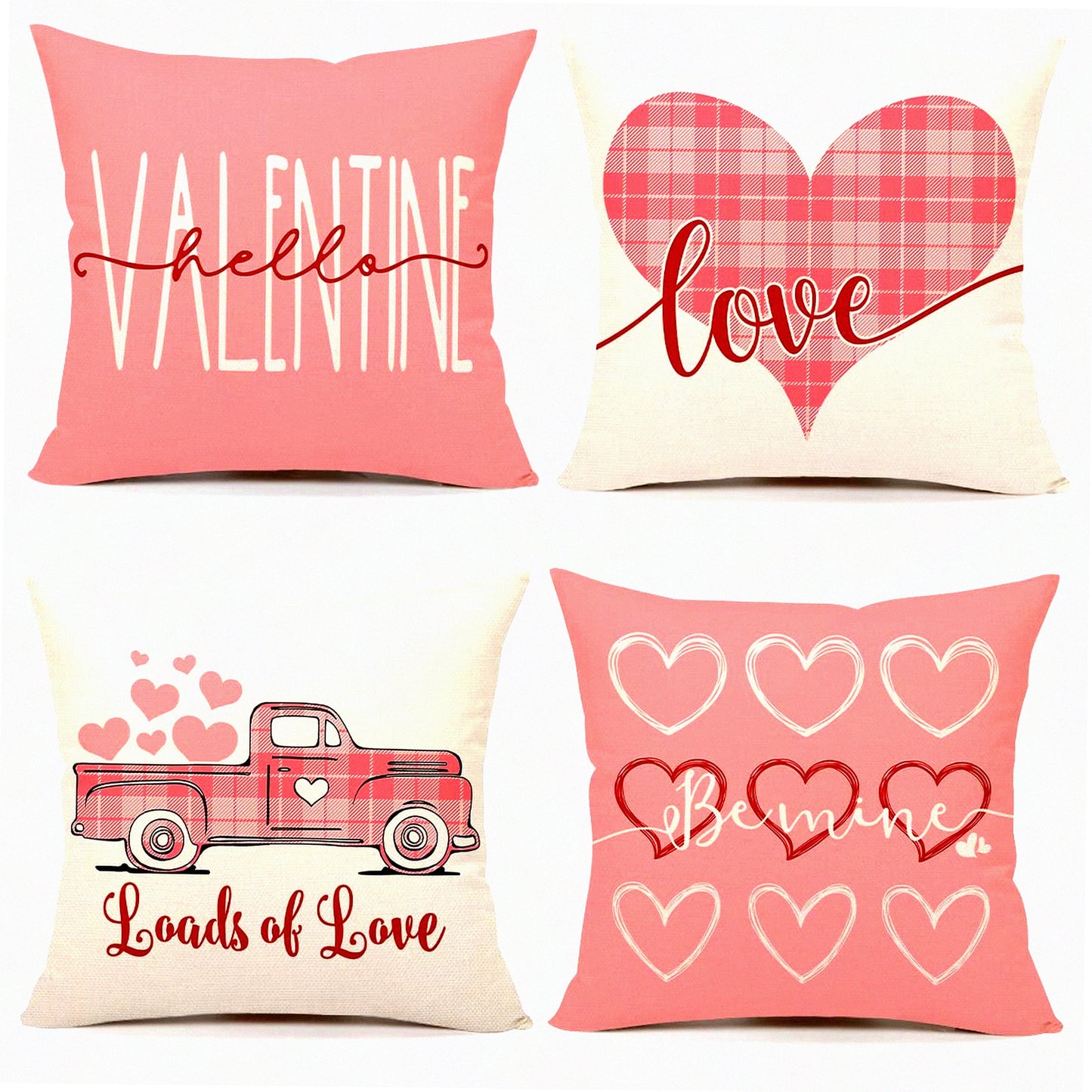 Love Heart Farmhouse Pillow Covers - Set of 4 Spring Holiday Decorations - Be Mine Cushion Case - Valentines Day Home Decor - Pink Truck Throw Pillow Case - 18x18 TH157
